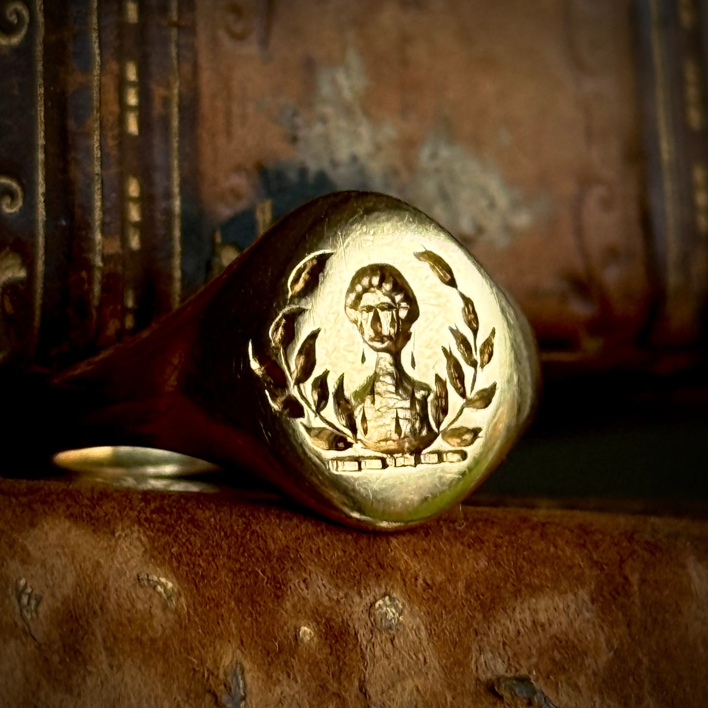 Antique Victorian Intaglio Heraldic Signet Ring in 18 Carat Gold; Circa 1890