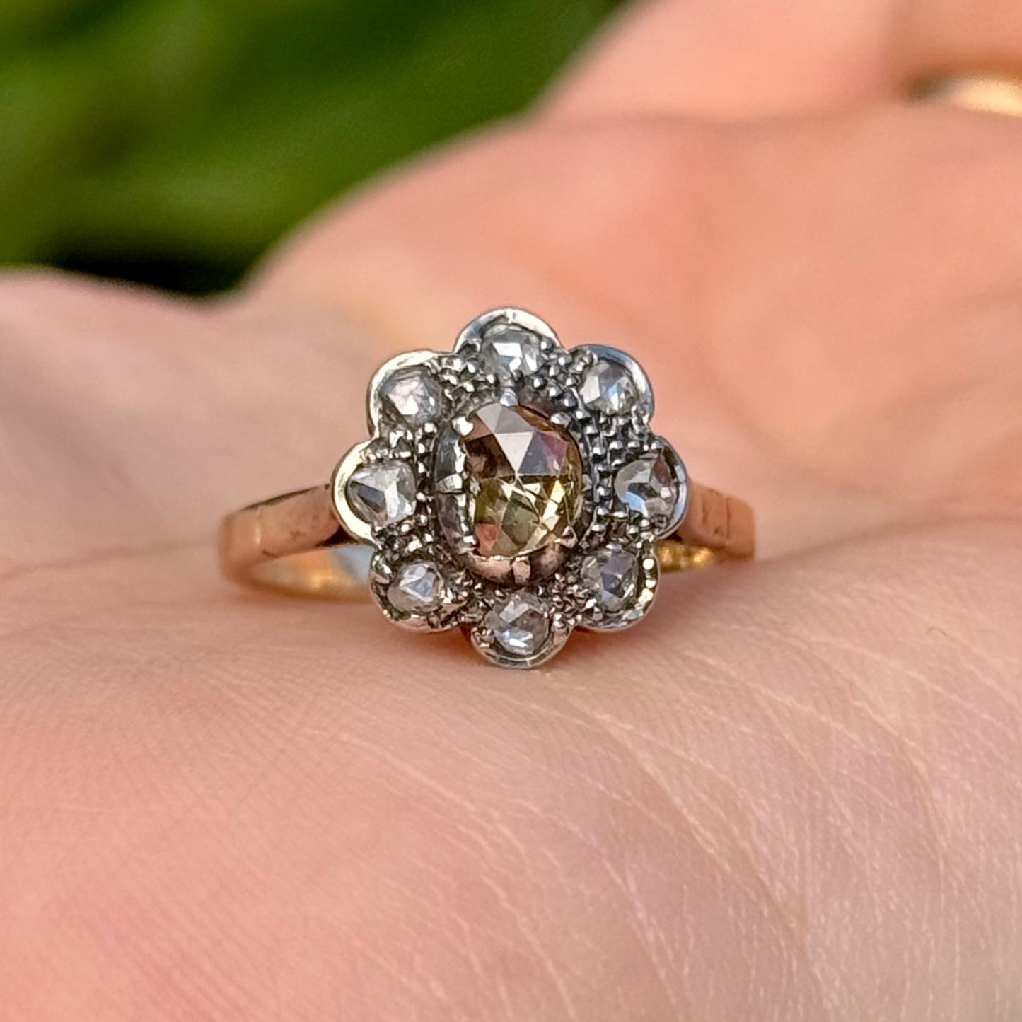 Antique Rose Cut Cluster Ring in 14 Carat Gold; Circa 1880