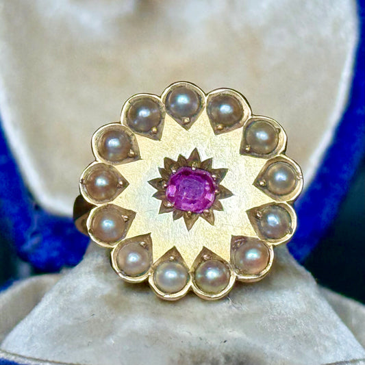 Antique Ruby & Pearl Ring in 9 Carat Gold; Circa 1900