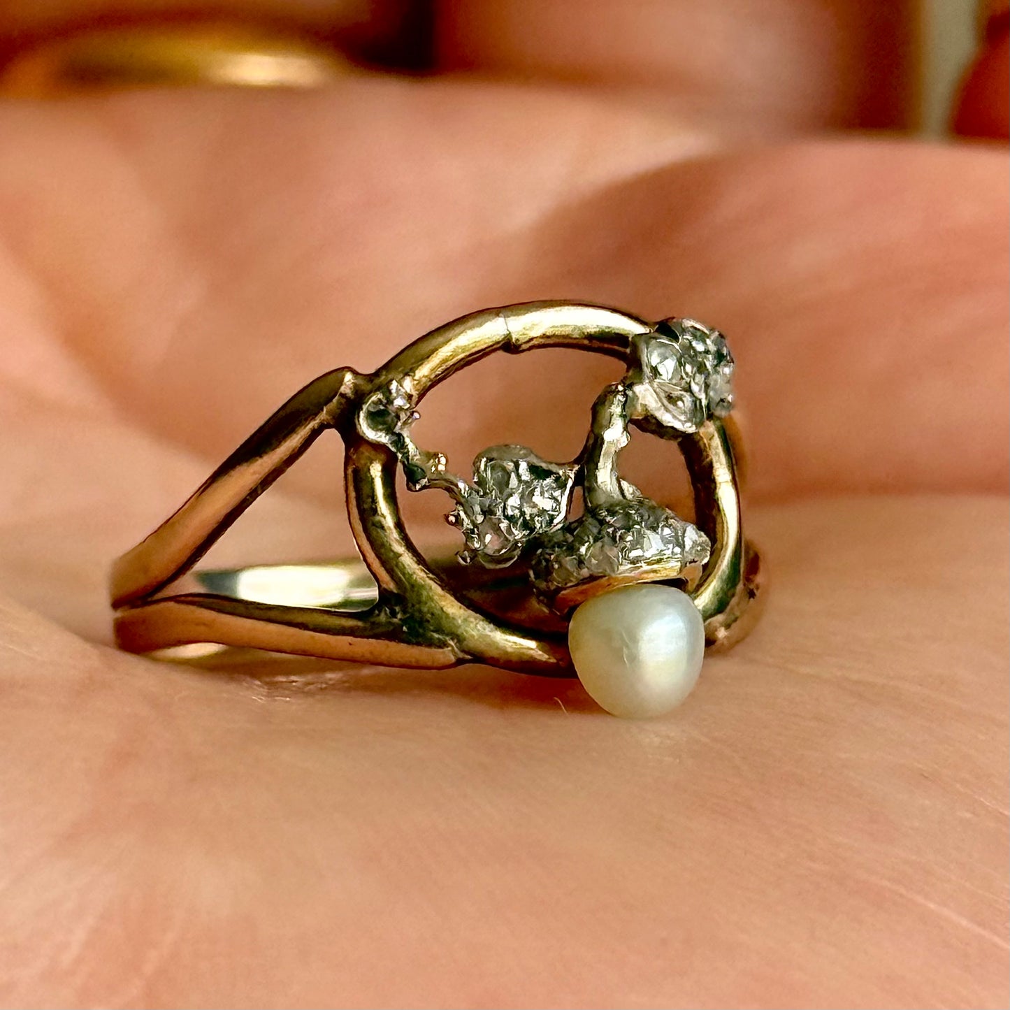 Antique Diamond & Pearl Acorn Ring in 9 Carat Gold
