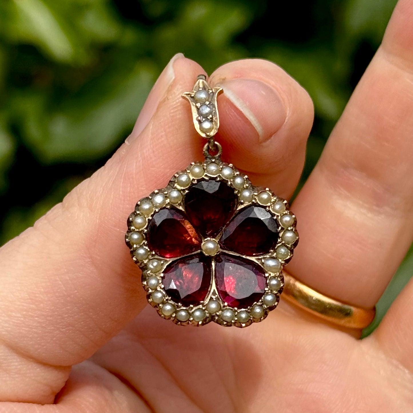 Antique Georgian Garnet Pansy Pendant in 9 Carat Gold