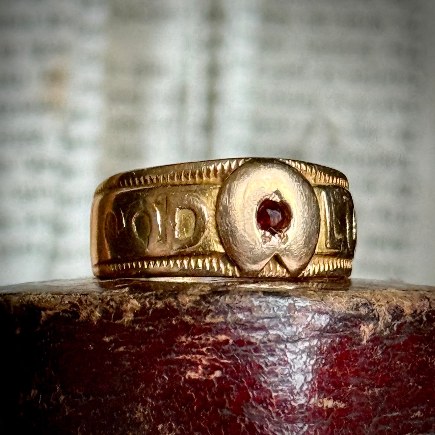 Antique Victorian Good Luck Garnet Ring in 18 Carat Gold; Circa 1855