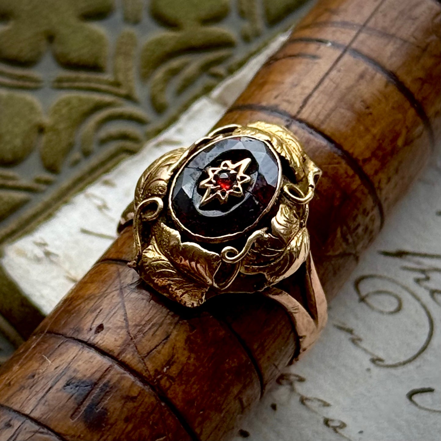 Antique Victorian Floral Garnet Ring in 9 Carat Gold; Circa 1880