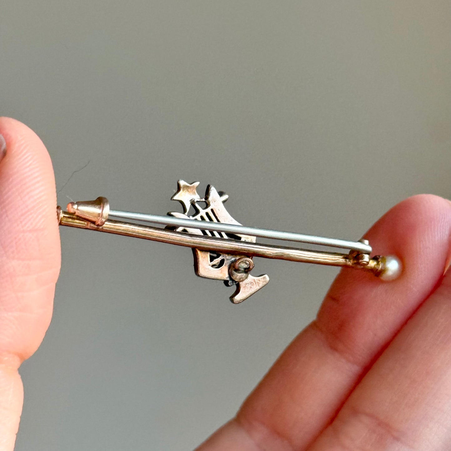 Antique Victorian Diamond & Pearl Lyre Brooch