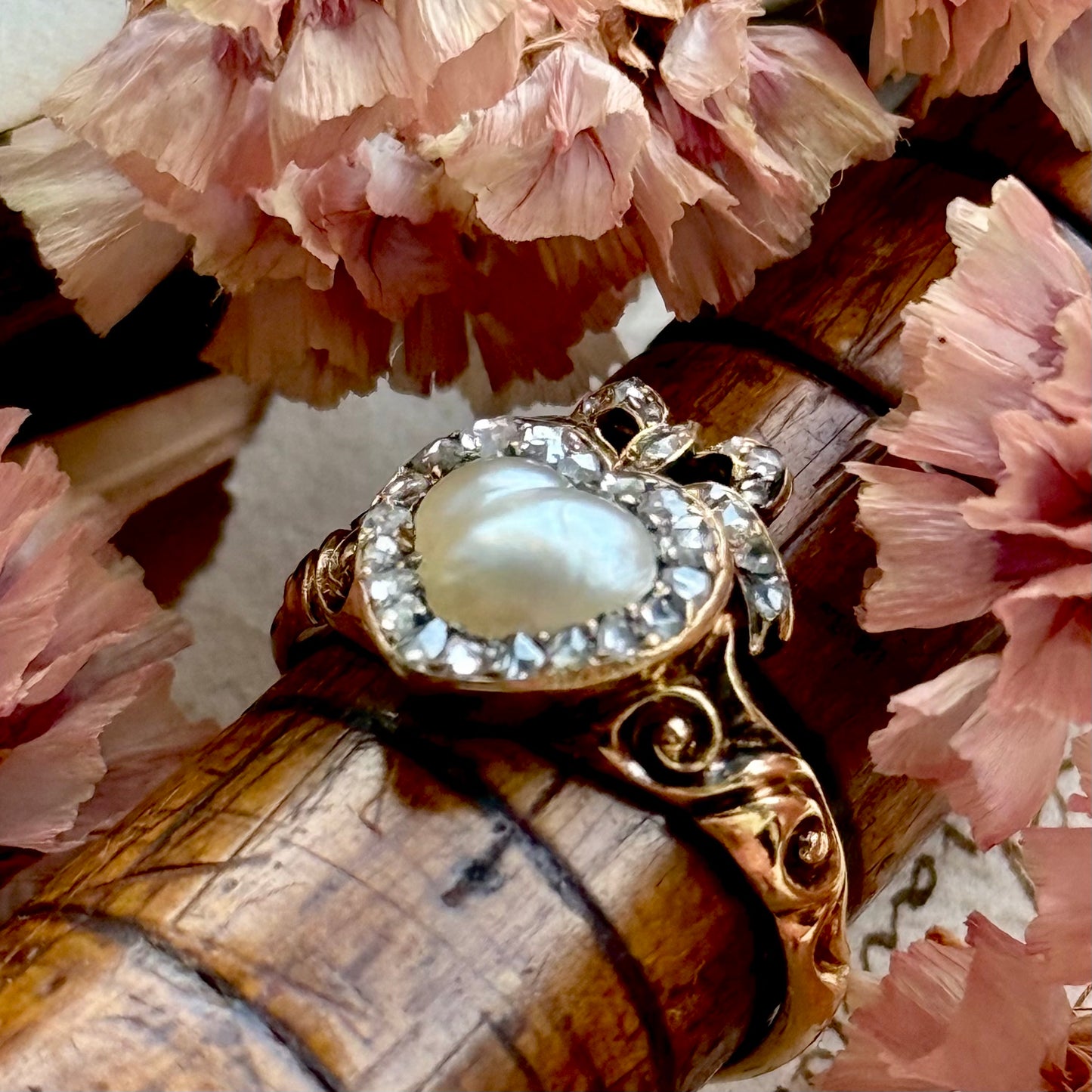 Antique Boxed Georgian Pearl & Diamond Ring in 18 Carat Gold; Circa 1800