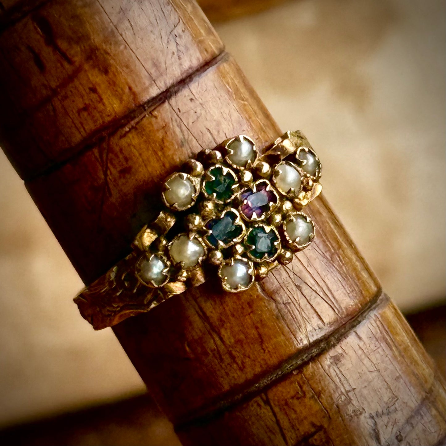 Antique Ornate Gemstone Ring in 15 Carat Gold; Circa 1873