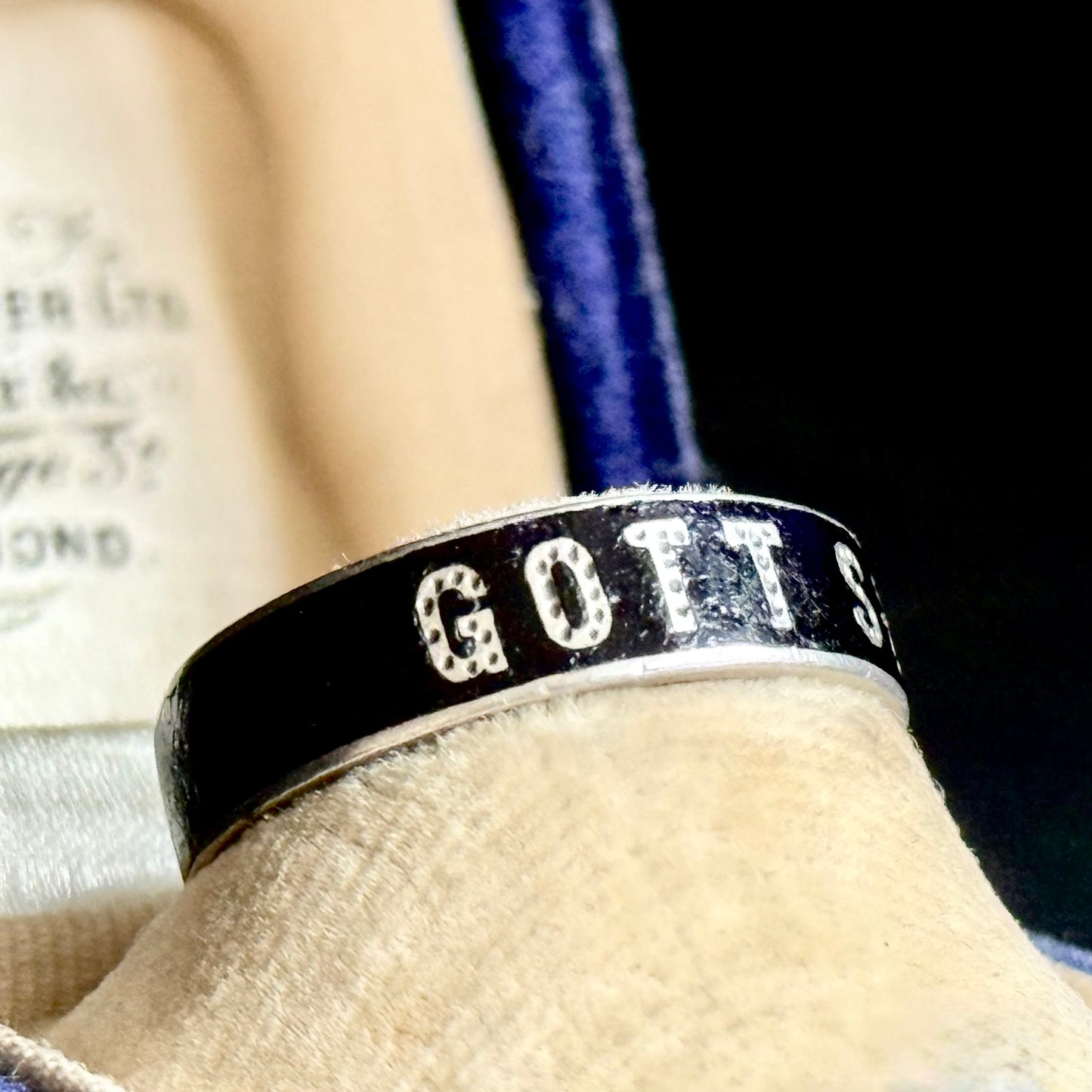 Victorian 'Gott Schütze Dich' Enamel Ring In Silver; Circa 1880