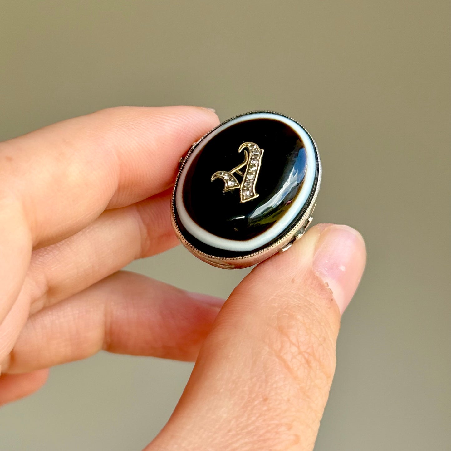 Victorian Banded Agate Diamond 'A' Ring in Sterling Silver Circa 1880