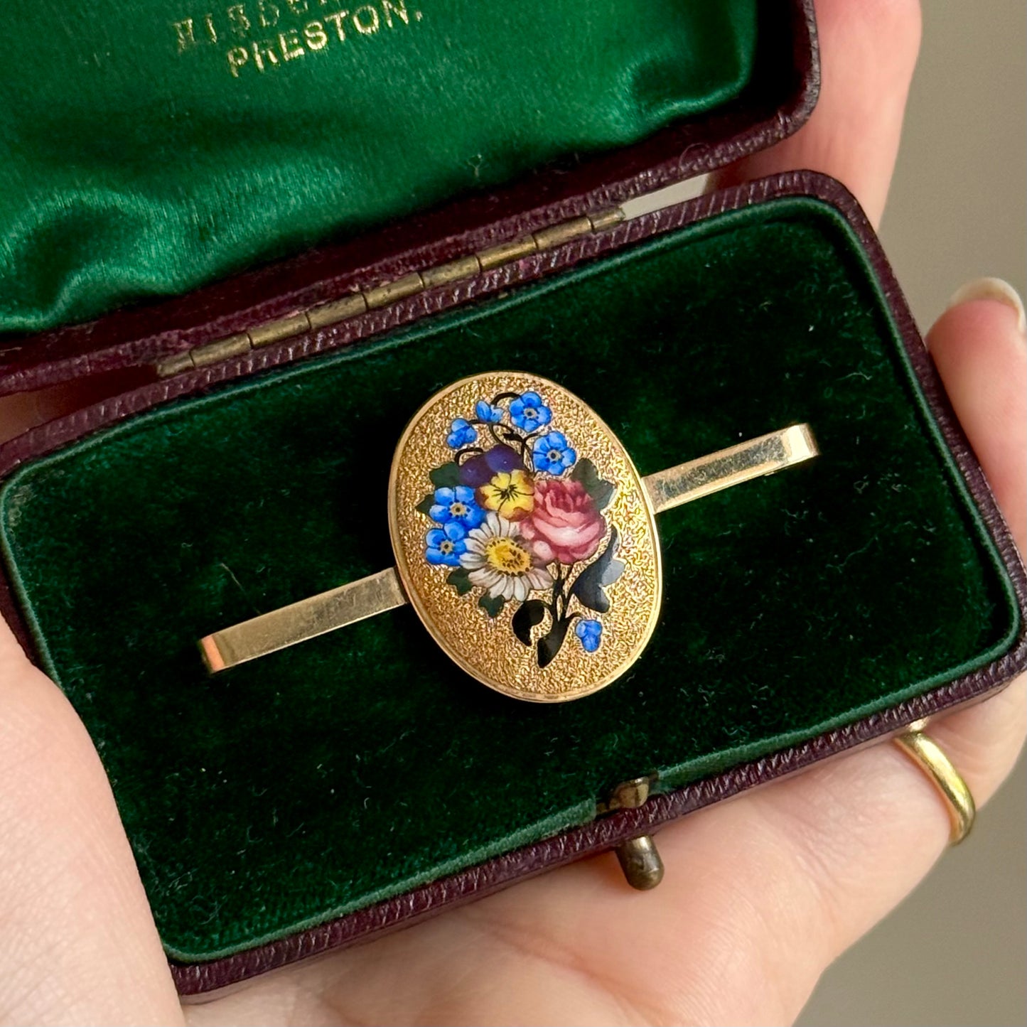 Boxed Antique Enamel Floral Brooch in 9 Carat Gold