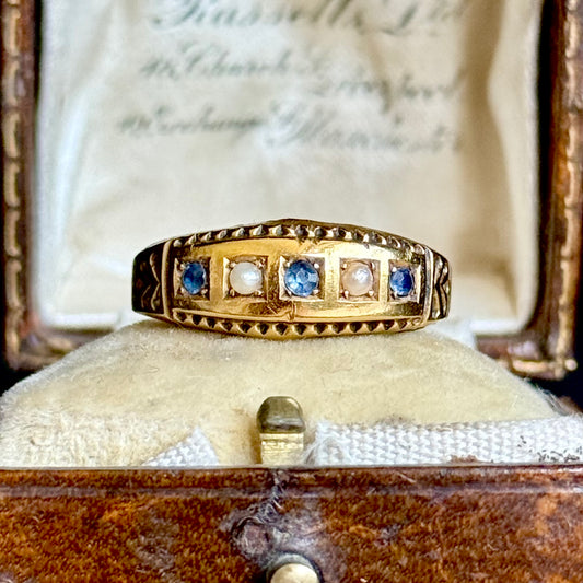 Antique Sapphire & Pearl Ring in 9 Carat Gold; Circa 1900