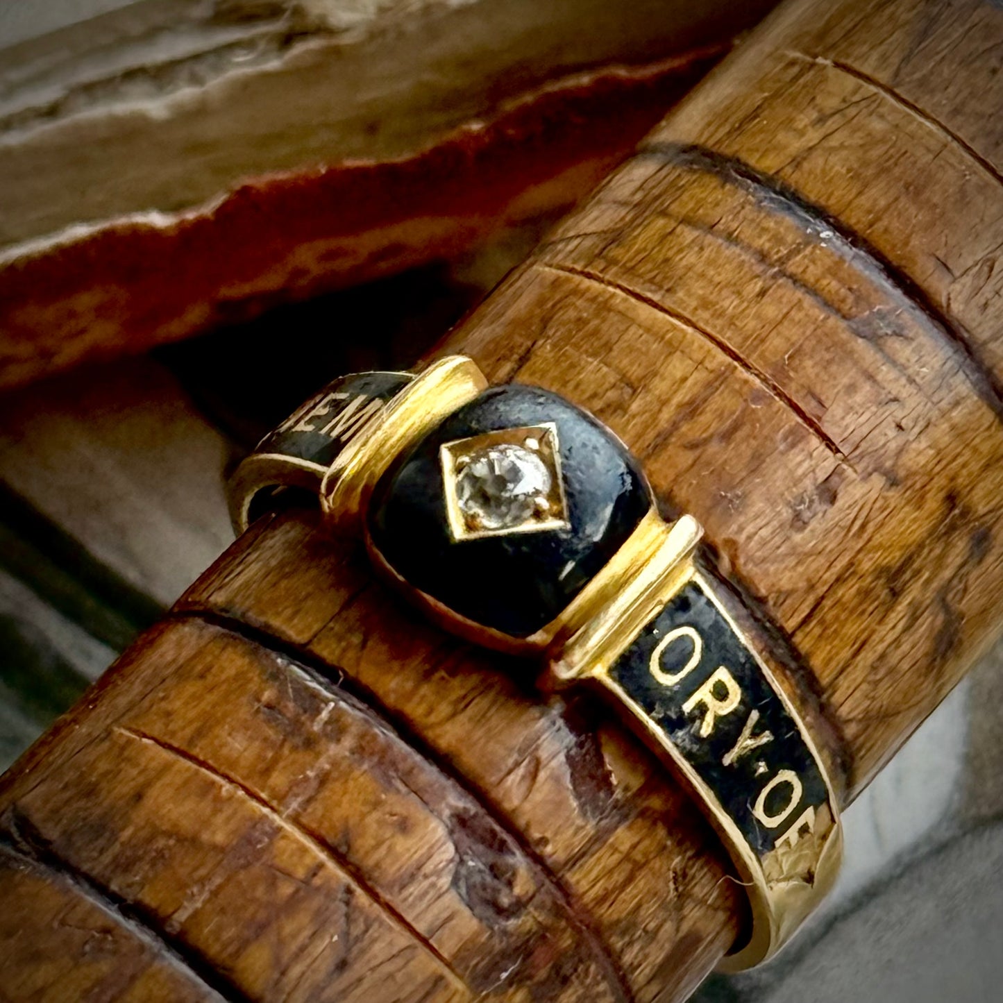 Antique Victorian Diamond Enamel Mourning Ring in 18 Carat Gold; Circa 1894