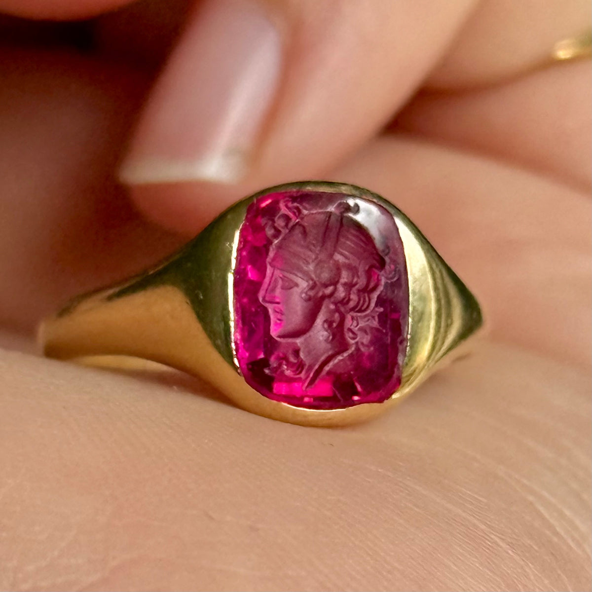 Antique Edwardian Goddess Intaglio Ring 18 Carat Gold; Circa 1900