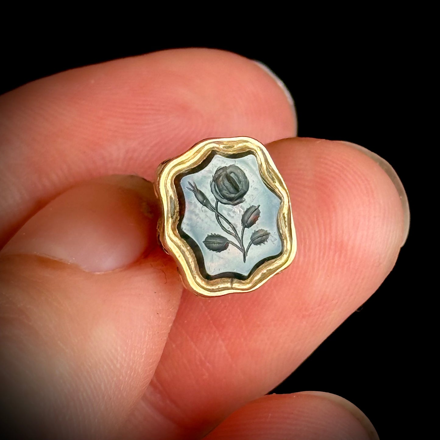Victorian Bloodstone Rose Intaglio Fob Pendant; Circa 1860