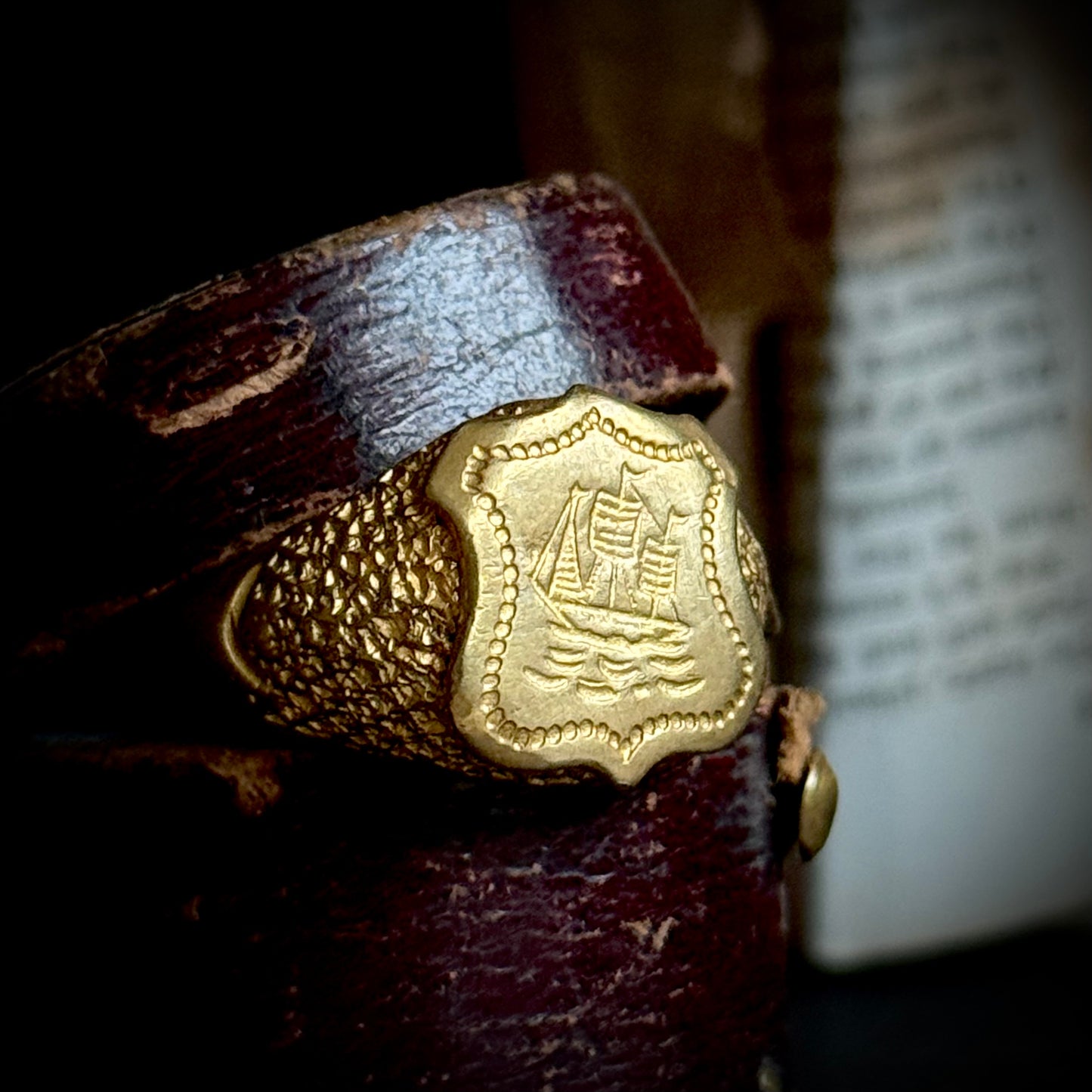 Victorian Heavy Nautical Ship Intaglio Signet ring; Circa 1885