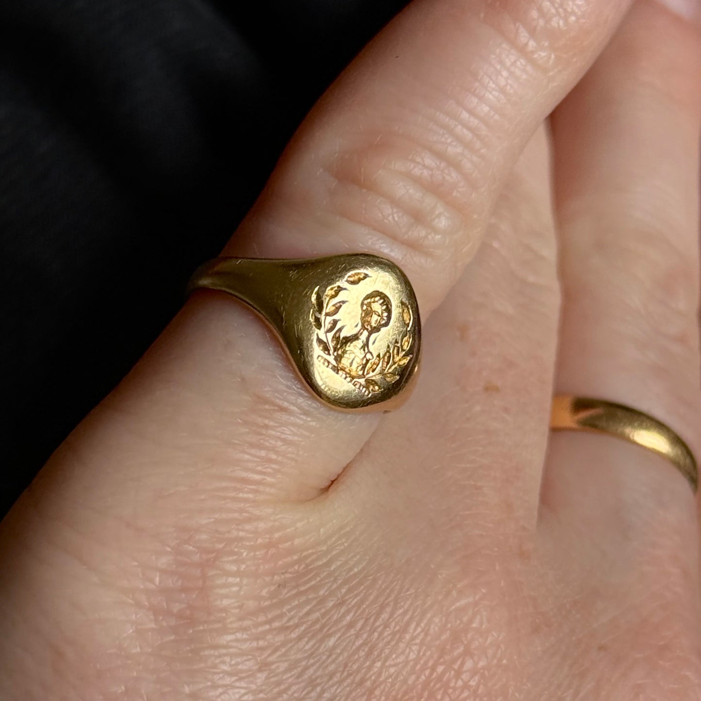 Antique Victorian Intaglio Heraldic Signet Ring in 18 Carat Gold; Circa 1890