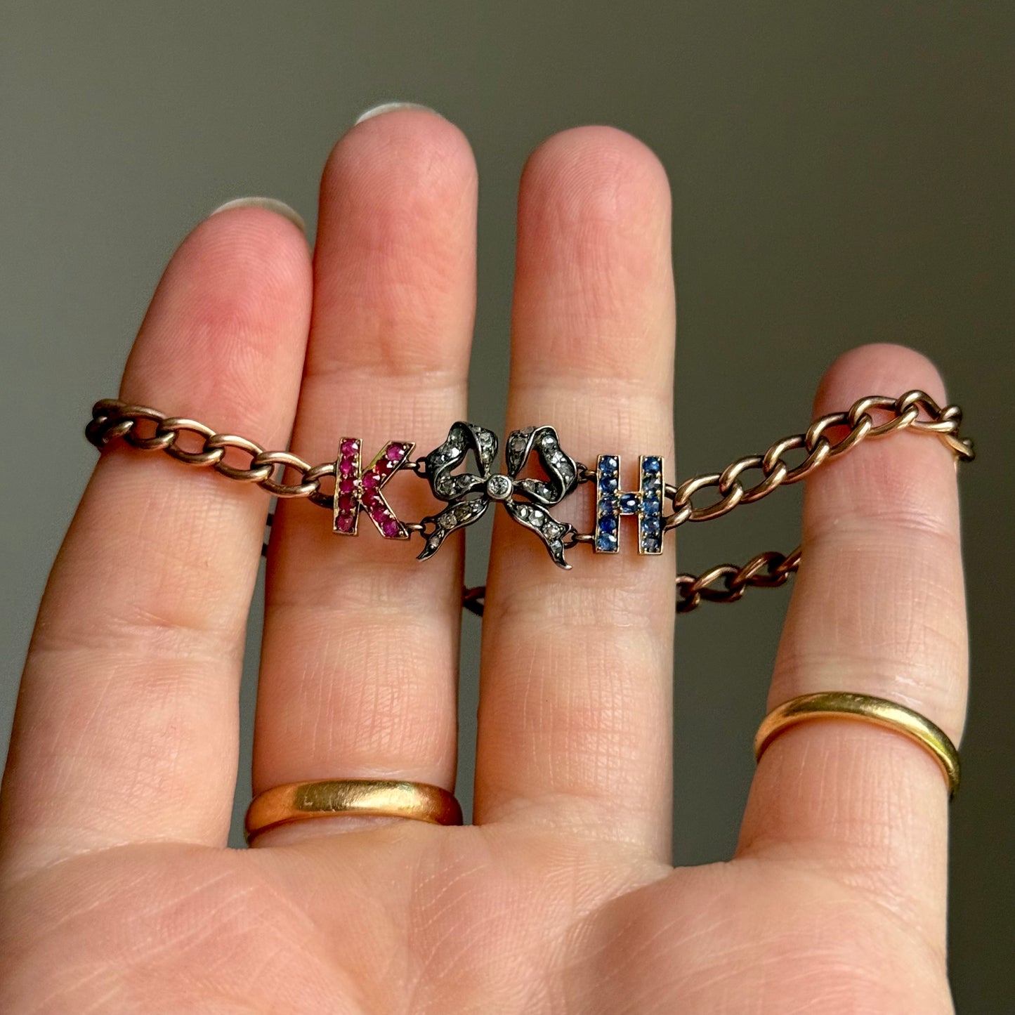 Antique 'K H' Diamond, Ruby & Sapphire Bracelet in 9 Carat Gold