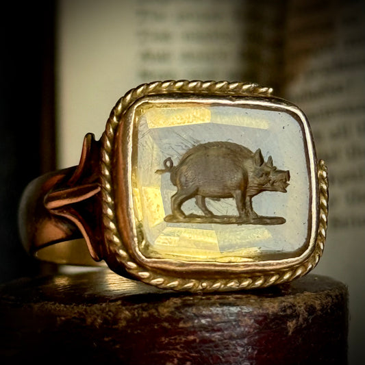 Antique Citrine Boar Intaglio Ring in 9 Carat Gold