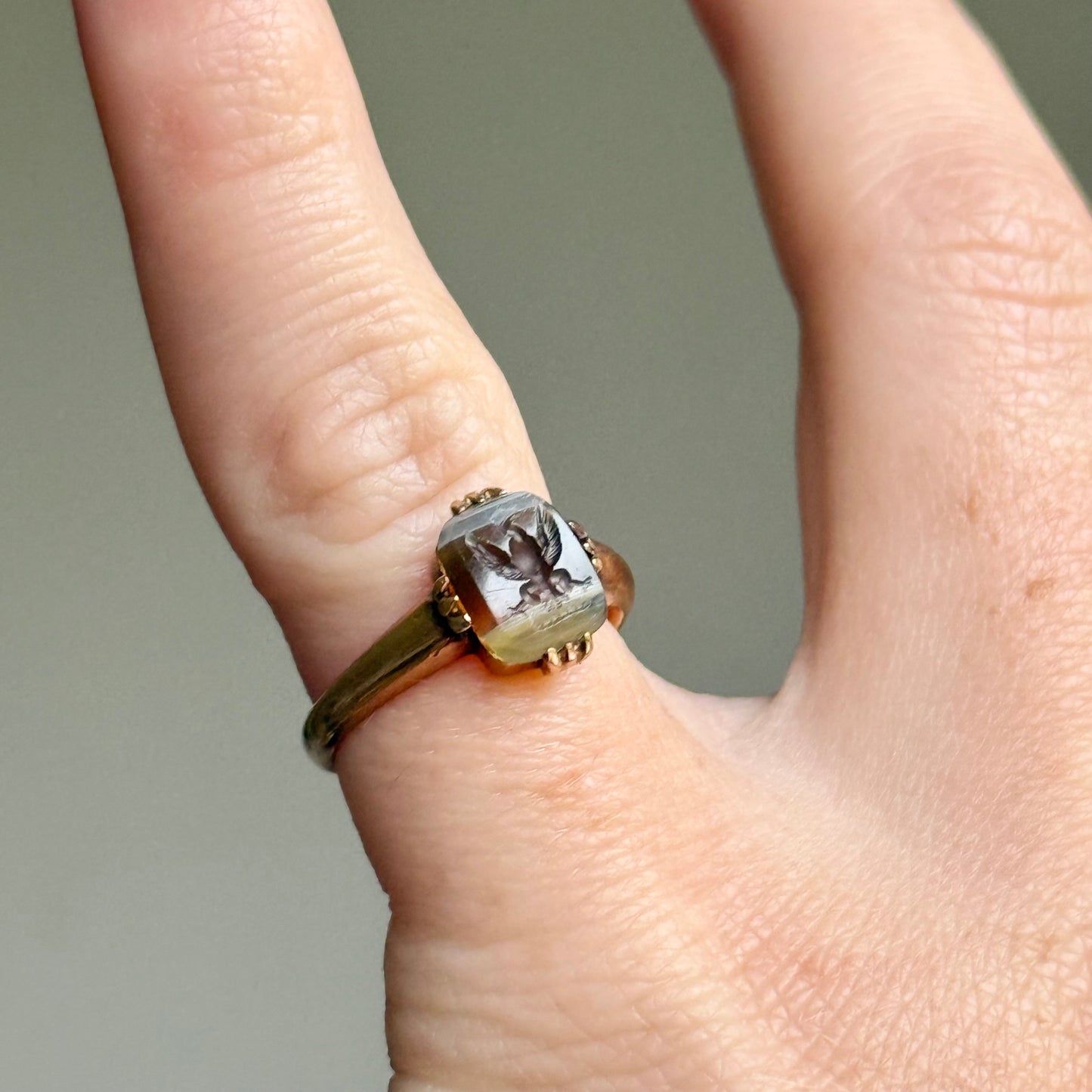 Antique Eagle intaglio Ring in 9 Carat Gold, Circa 1890