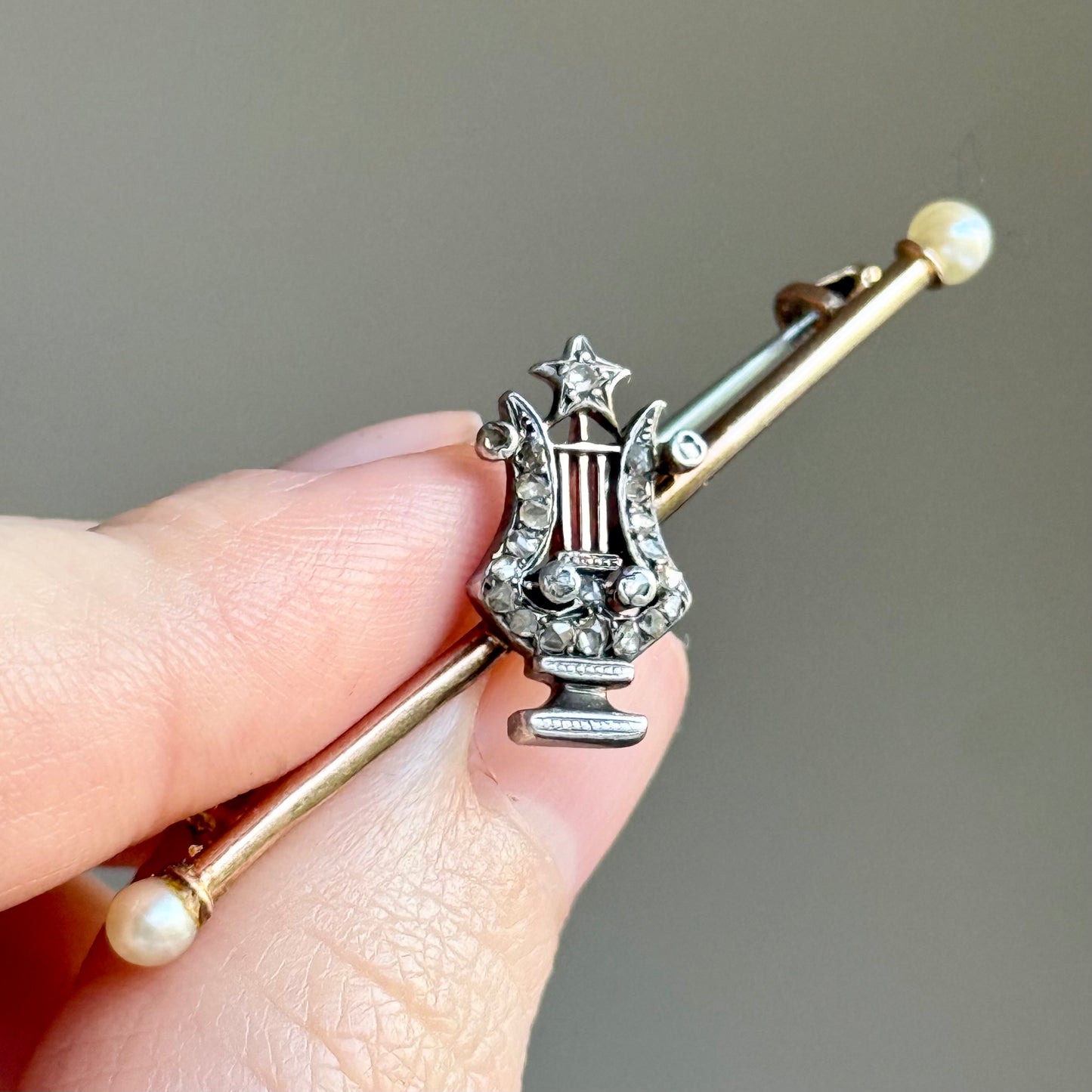 Antique Victorian Diamond & Pearl Lyre Brooch