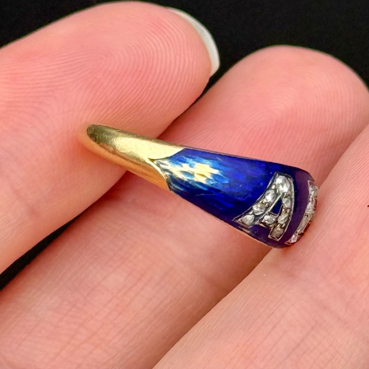 Antique Victorian Sentimental 'AEI' Ring in 18 Carat Gold; circa 1860