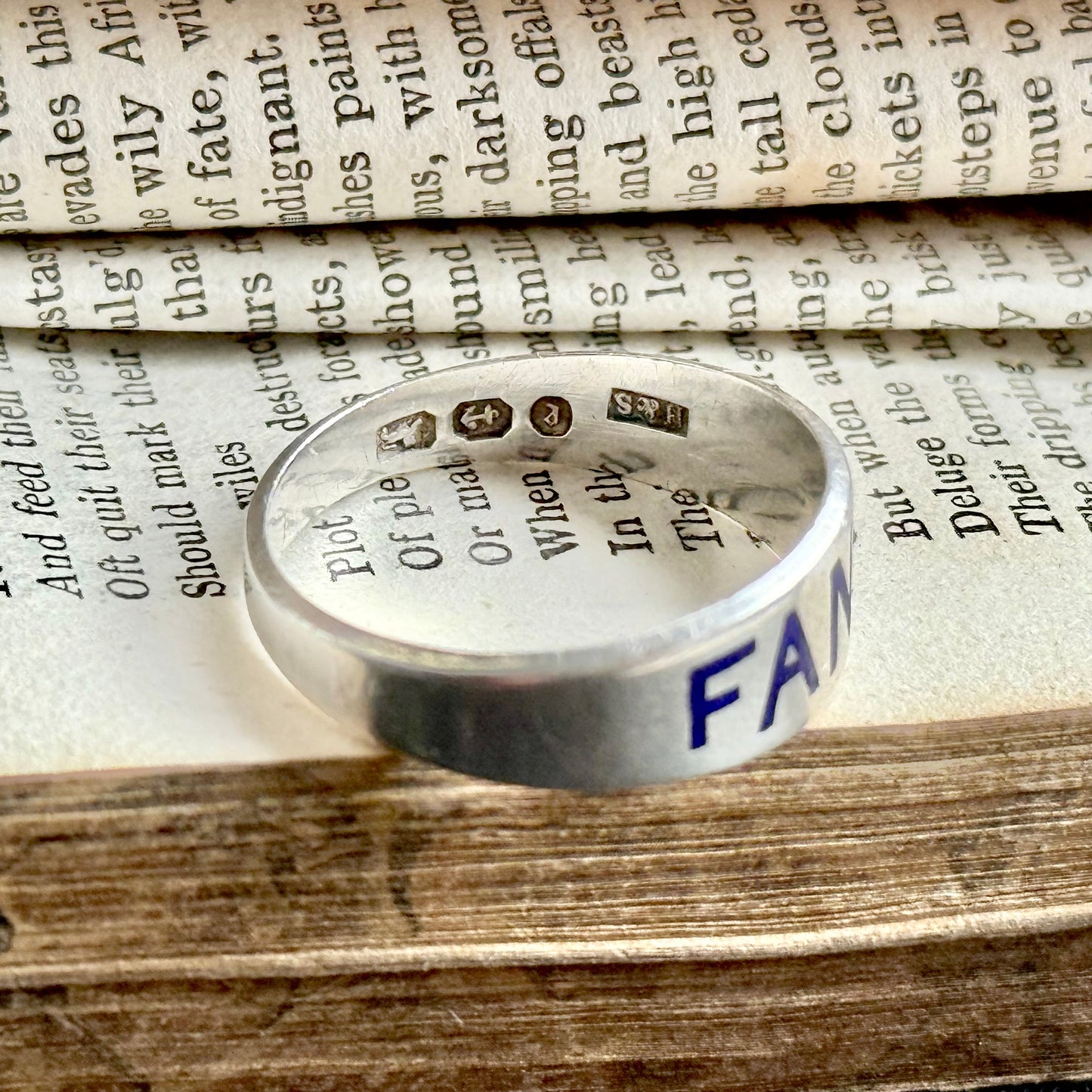 Victorian 'Fanny' Enamel Ring In Silver; Circa 1879