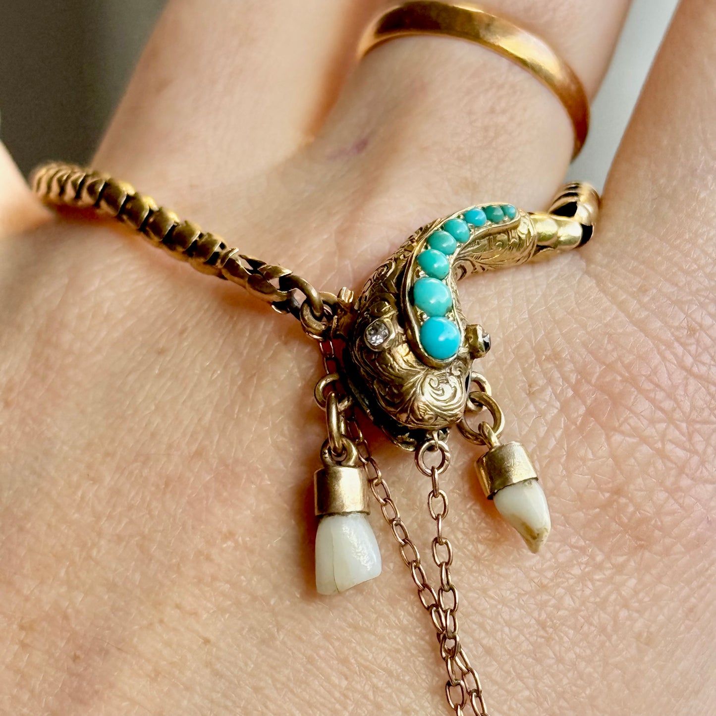 Victorian Diamond & Milk Tooth Snake Bracelet in 15 Carat Gold; Circa 1880
