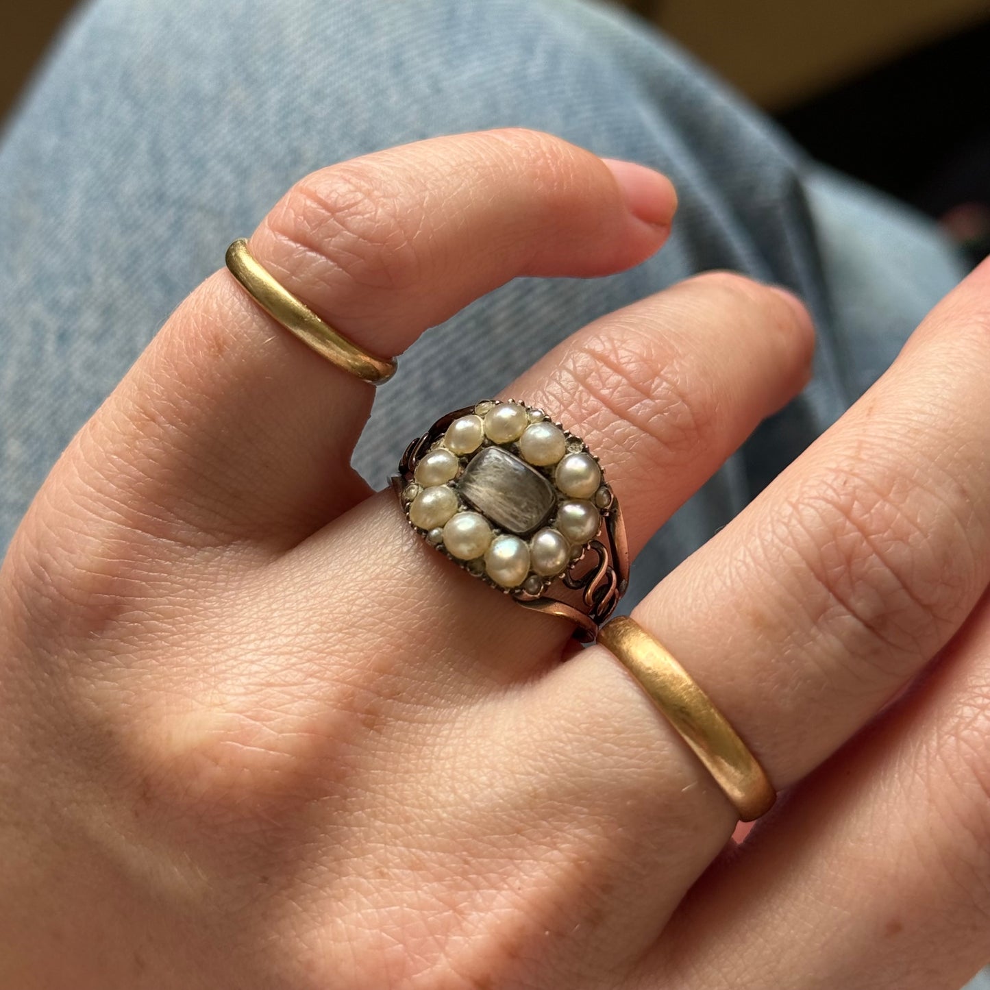 Georgian Pearl Mourning Ring in 9 Carat Gold; Circa 1812
