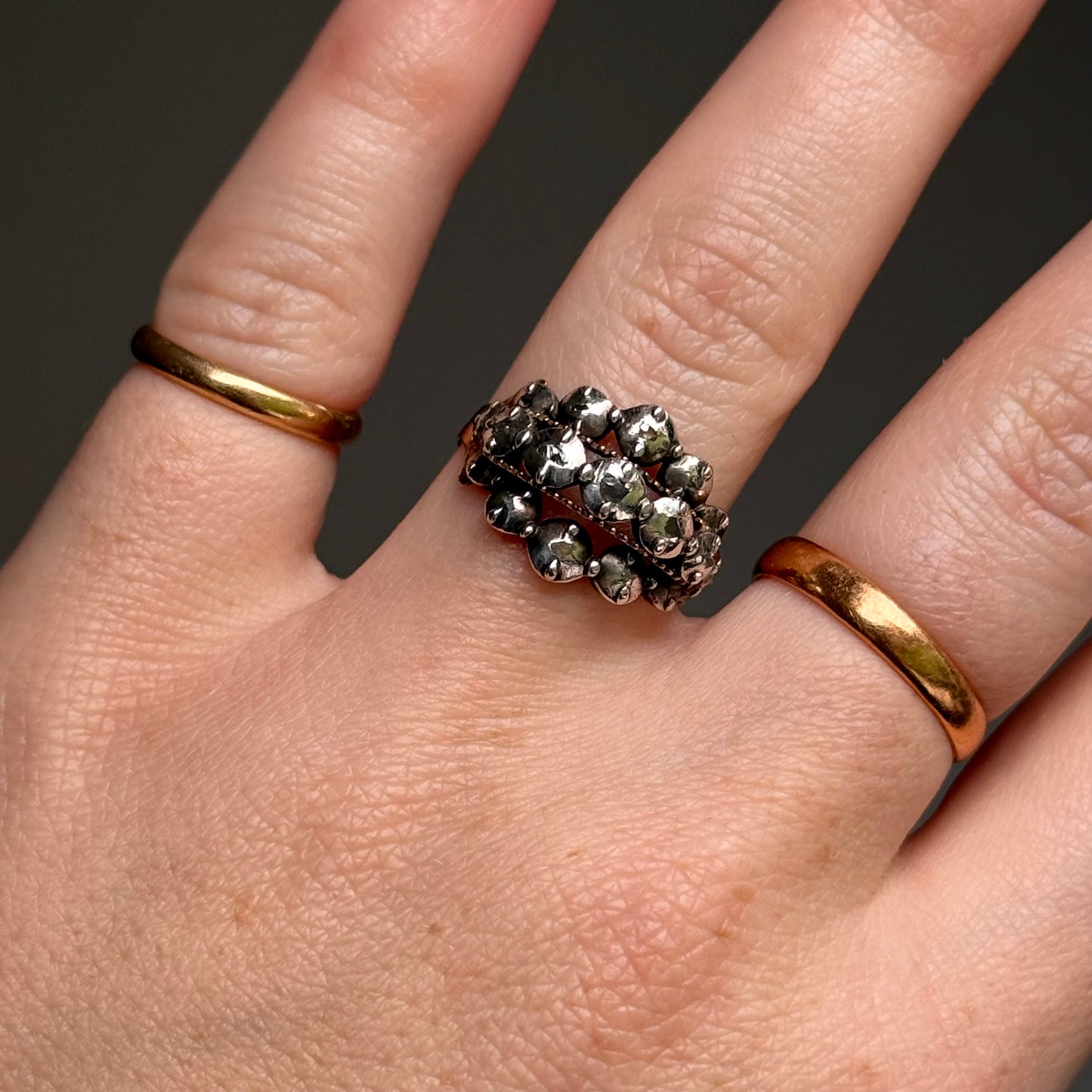 Antique Georgian Rose Cut Diamond Ring Gold and Silver; Circa 1820