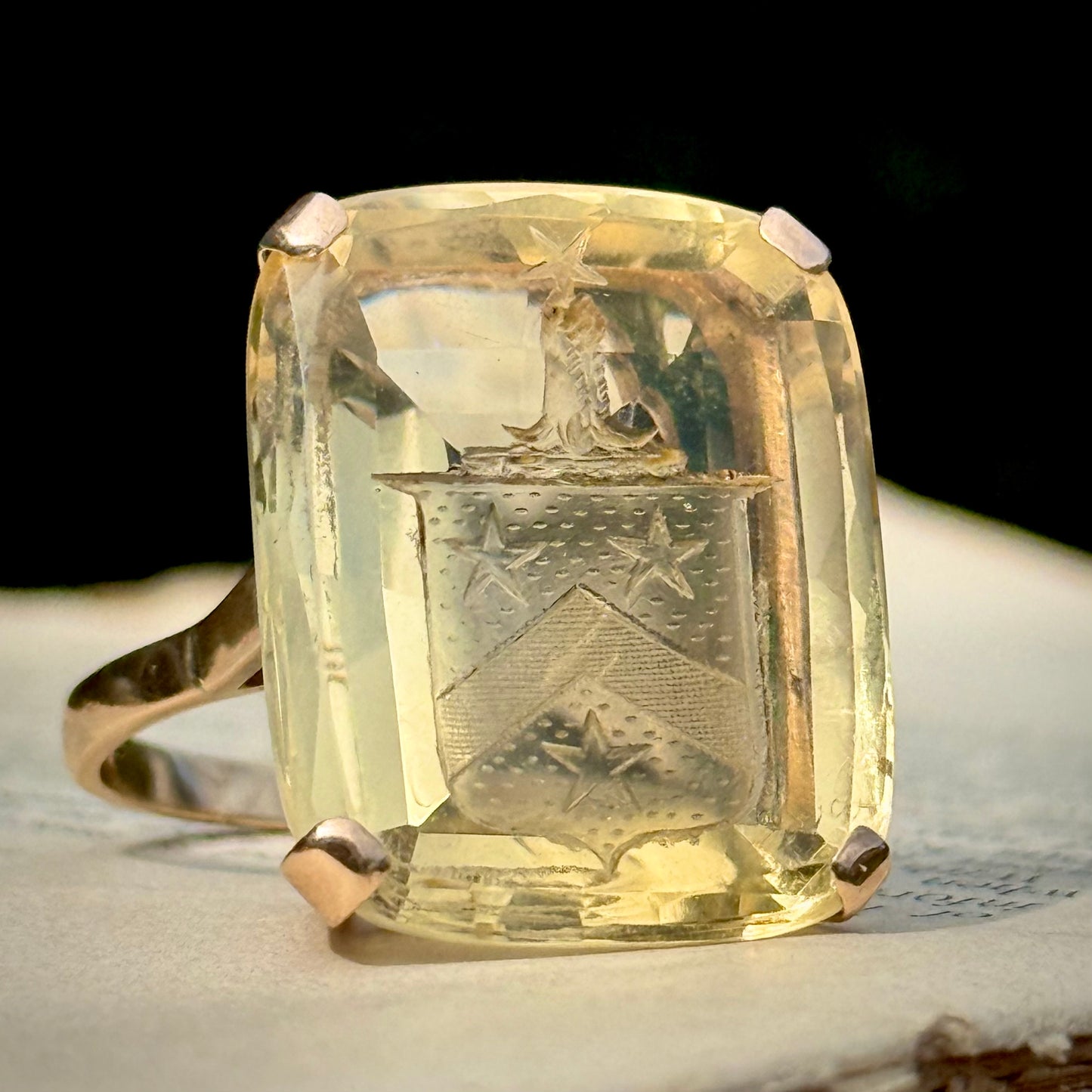 Substantial Vintage Citrine Heraldic Intaglio Ring