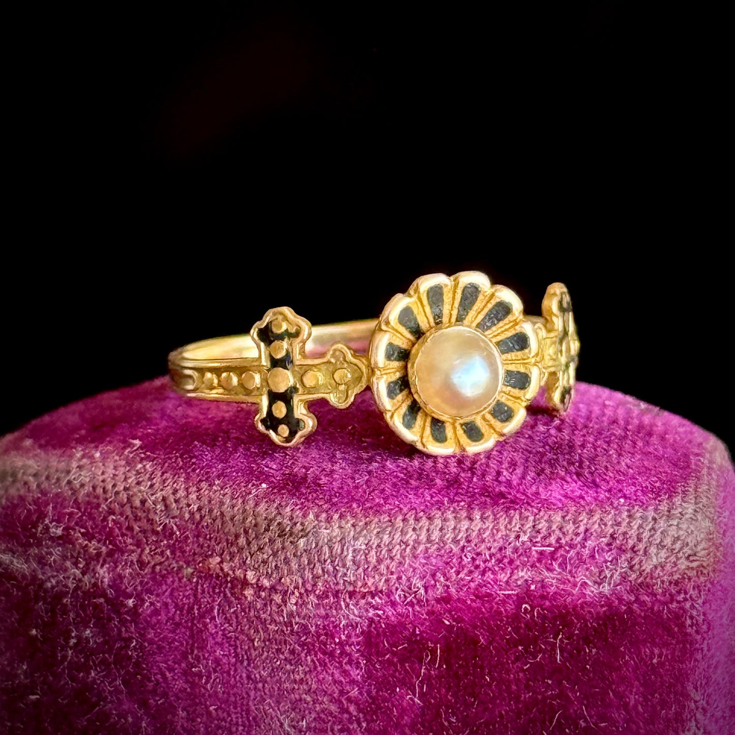 Antique Victorian Pearl & Enamel Ring; Circa 1850