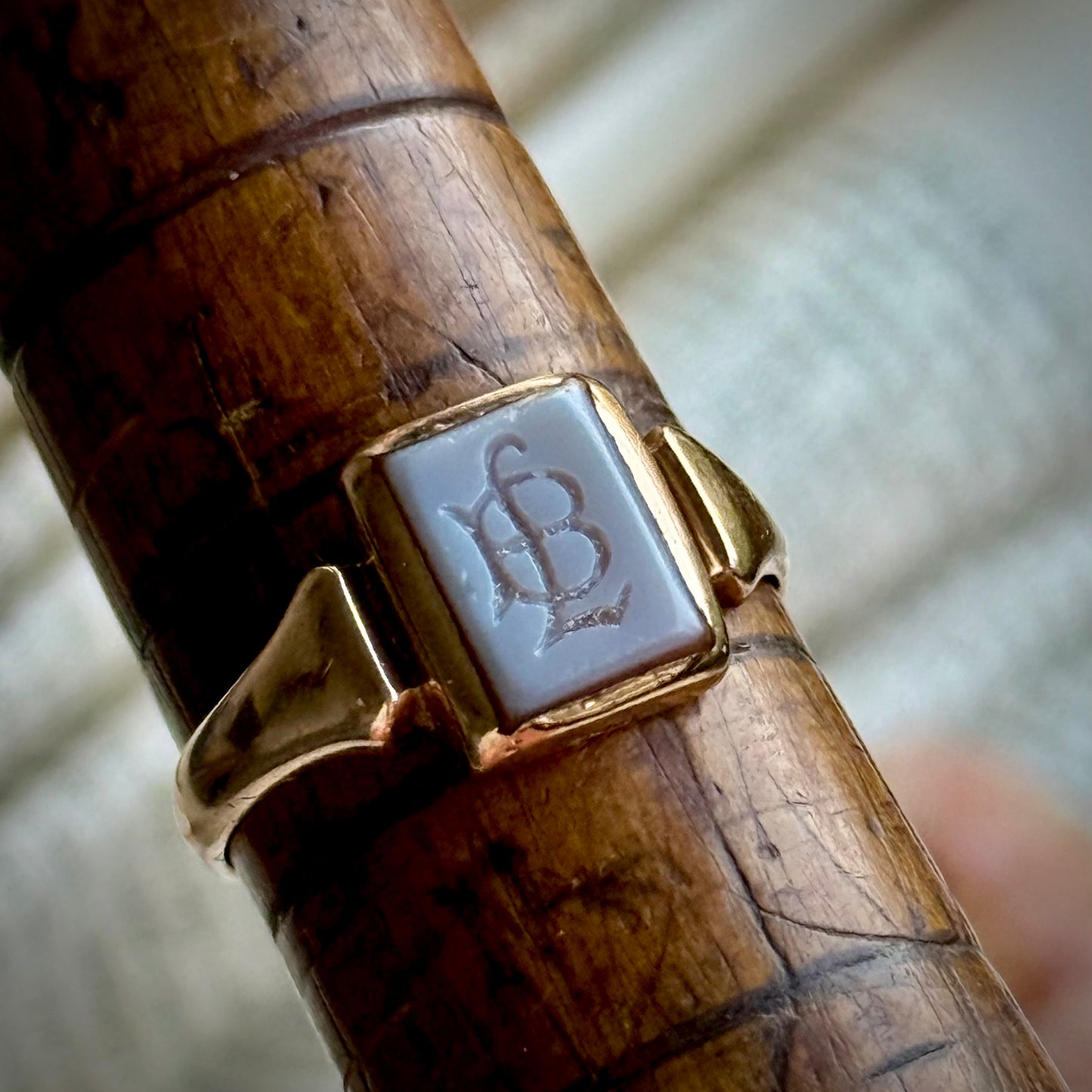 Sardonyx Monogram Signet Ring in 9 Carat Gold; Circa 1900