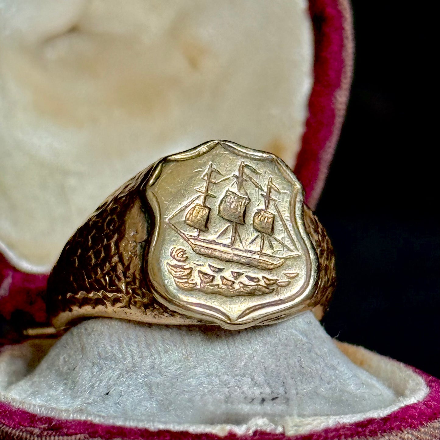 Victorian Heavy Nautical Ship Intaglio Signet ring; Circa 1880