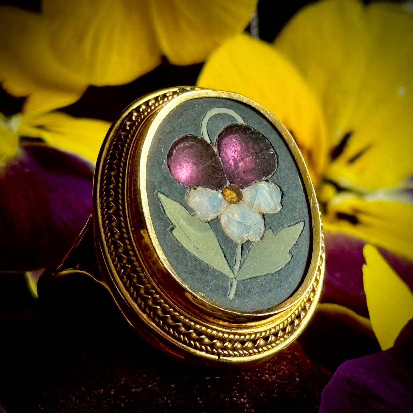 Victorian Pietra Dura Pansy Flower Ring in 9 Carat Gold
