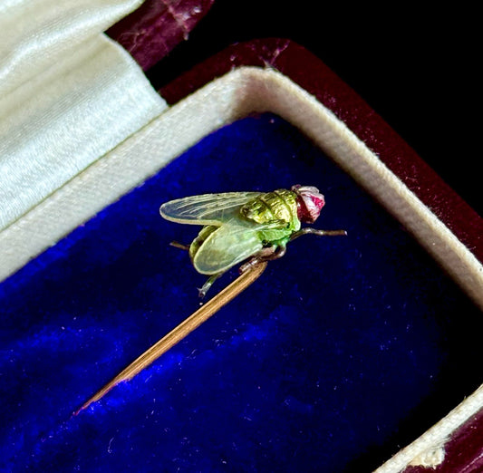 Realistic Antique Boxed Blue Bottle Fly Stick Pin; Circa 1895