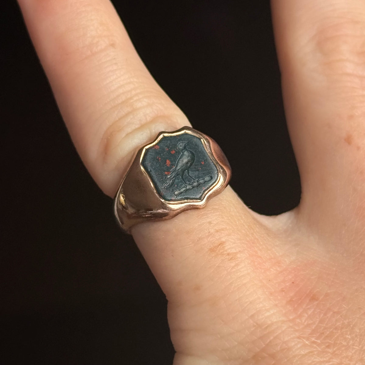 Antique Bird Bloodstone Intaglio Ring 9 Carat Rose Gold; Circa 1890
