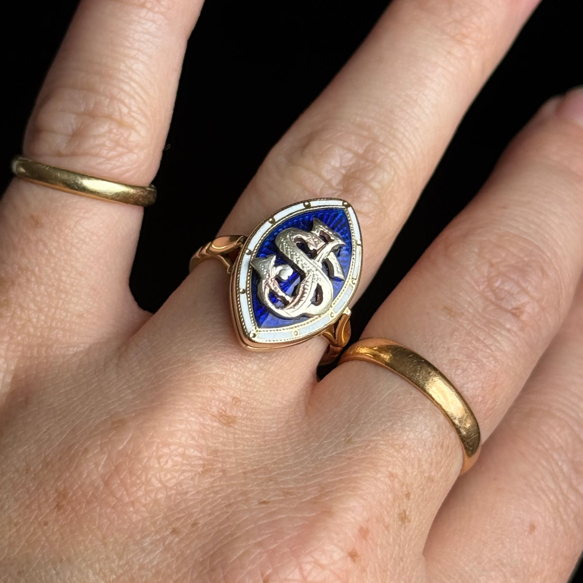 Antique Monogram Marquise Poison Ring in 18 Carat Gold; Circa 1900