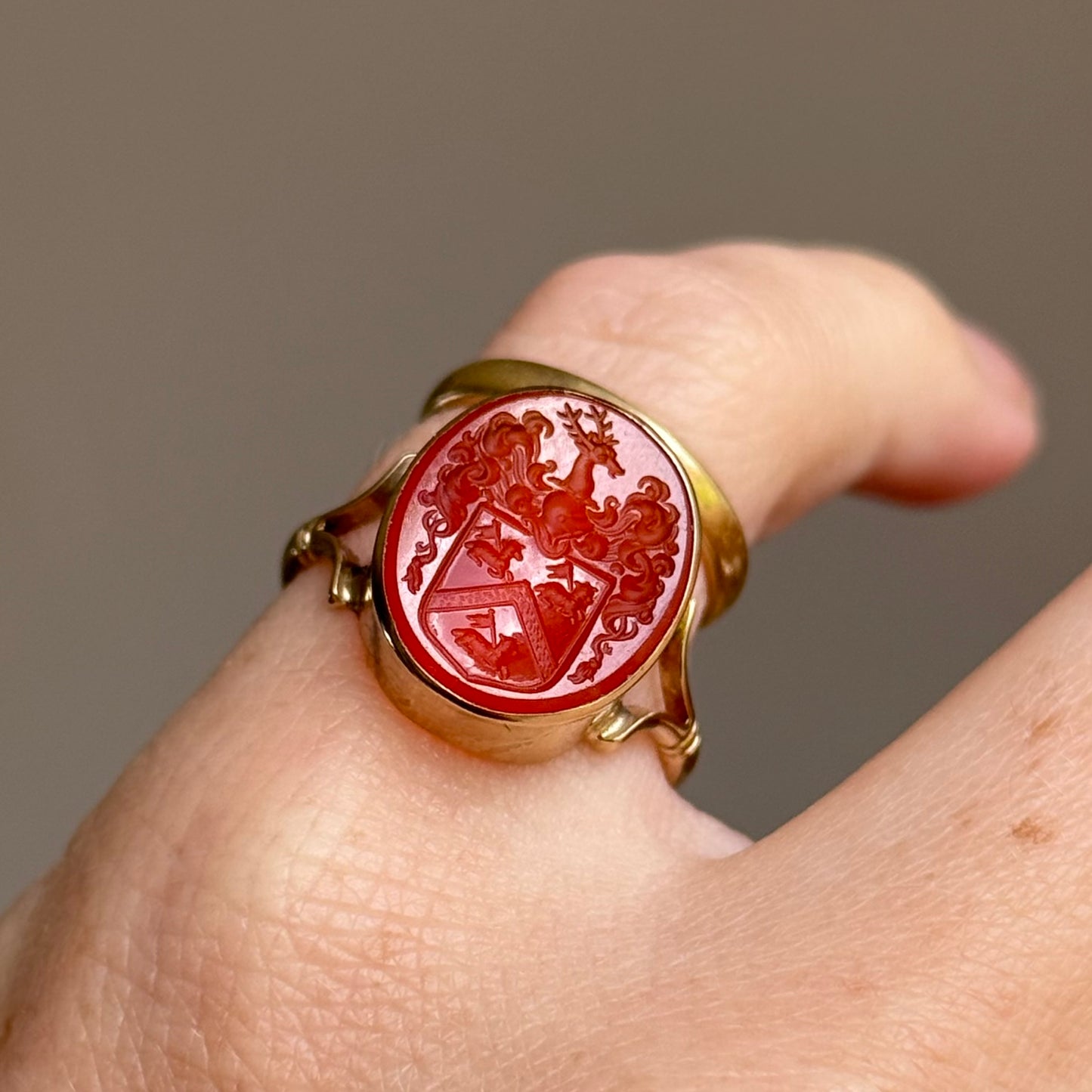 Vintage Ornate Carnelian Intaglio Ring in 9 Carat Gold; Circa 1989
