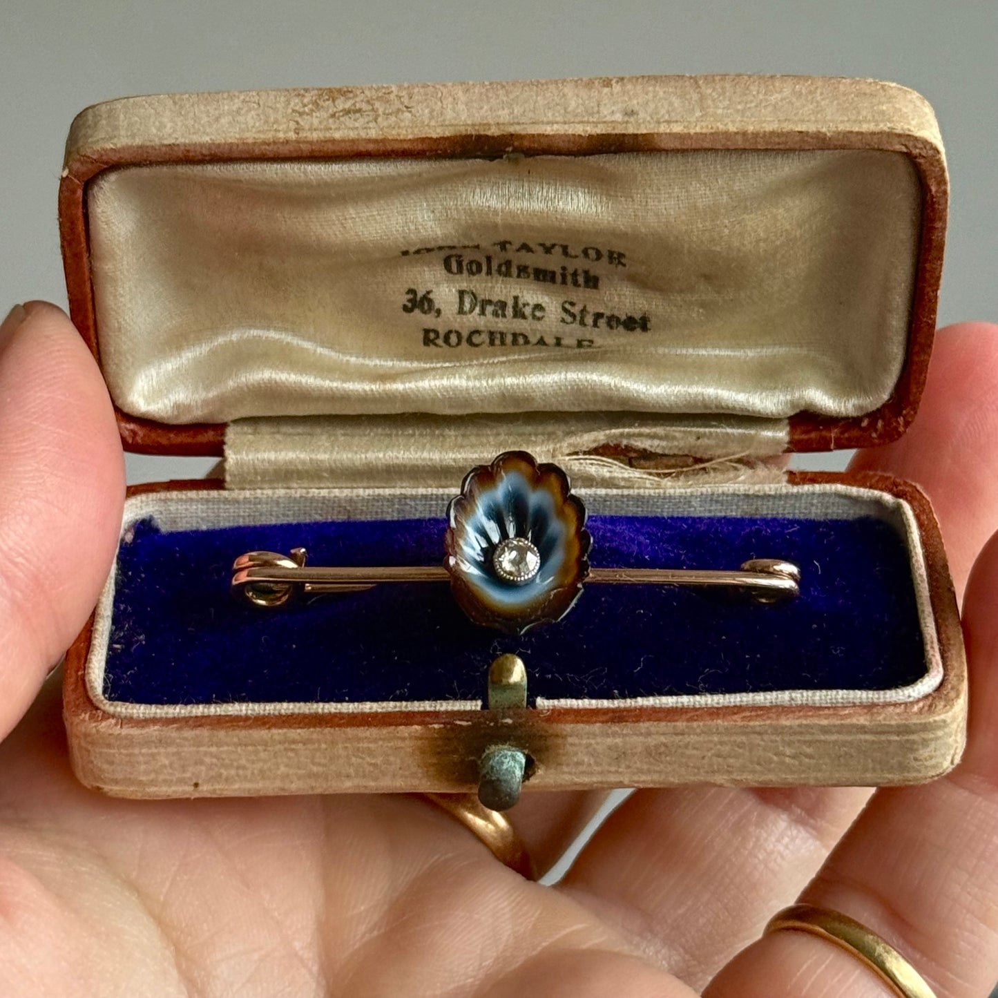 Antique Victorian Agate Shell & Diamond Brooch in 9 Carat Gold.