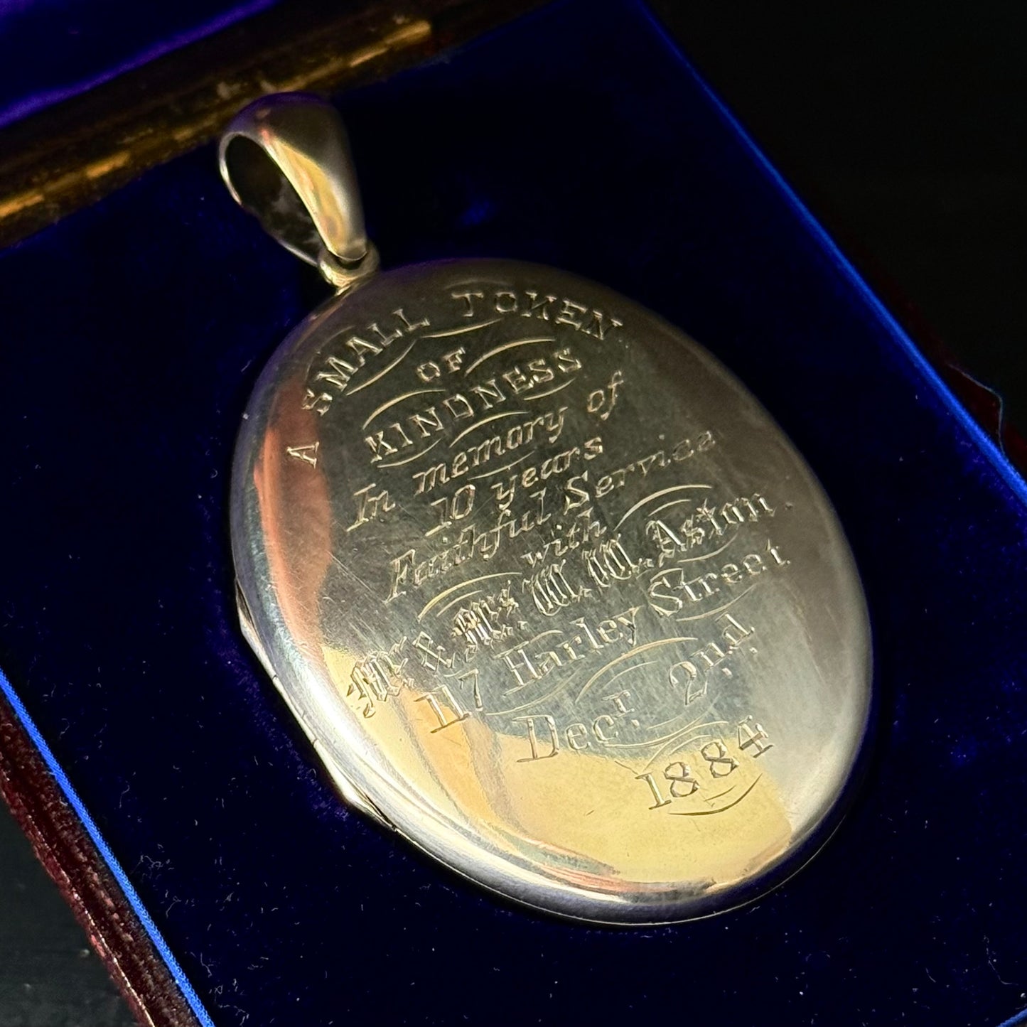 Victorian Engraved Presentation Locket Boxed; Circa 1884
