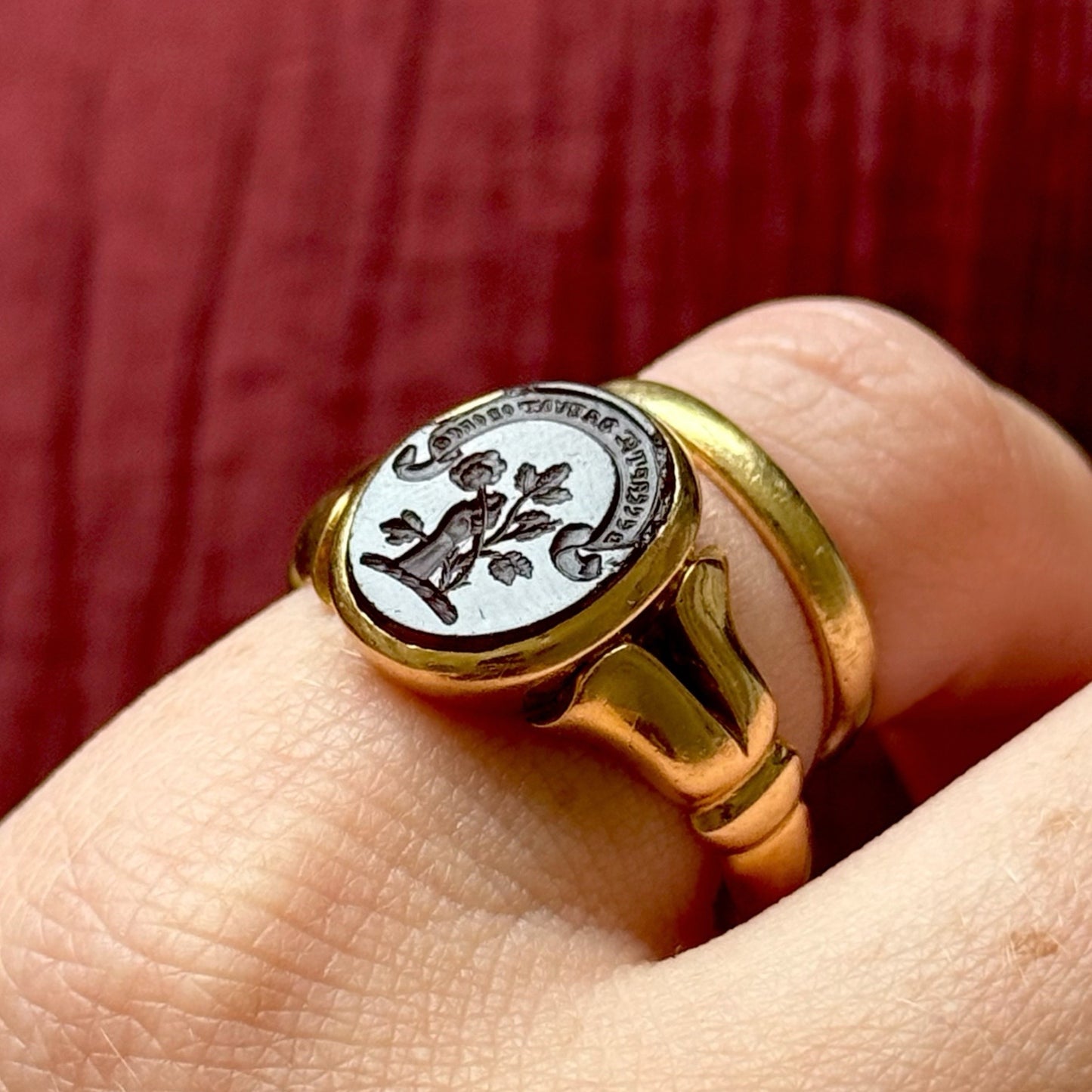 Victorian Carnelian Rose Intaglio Signet Ring; Circa 1891