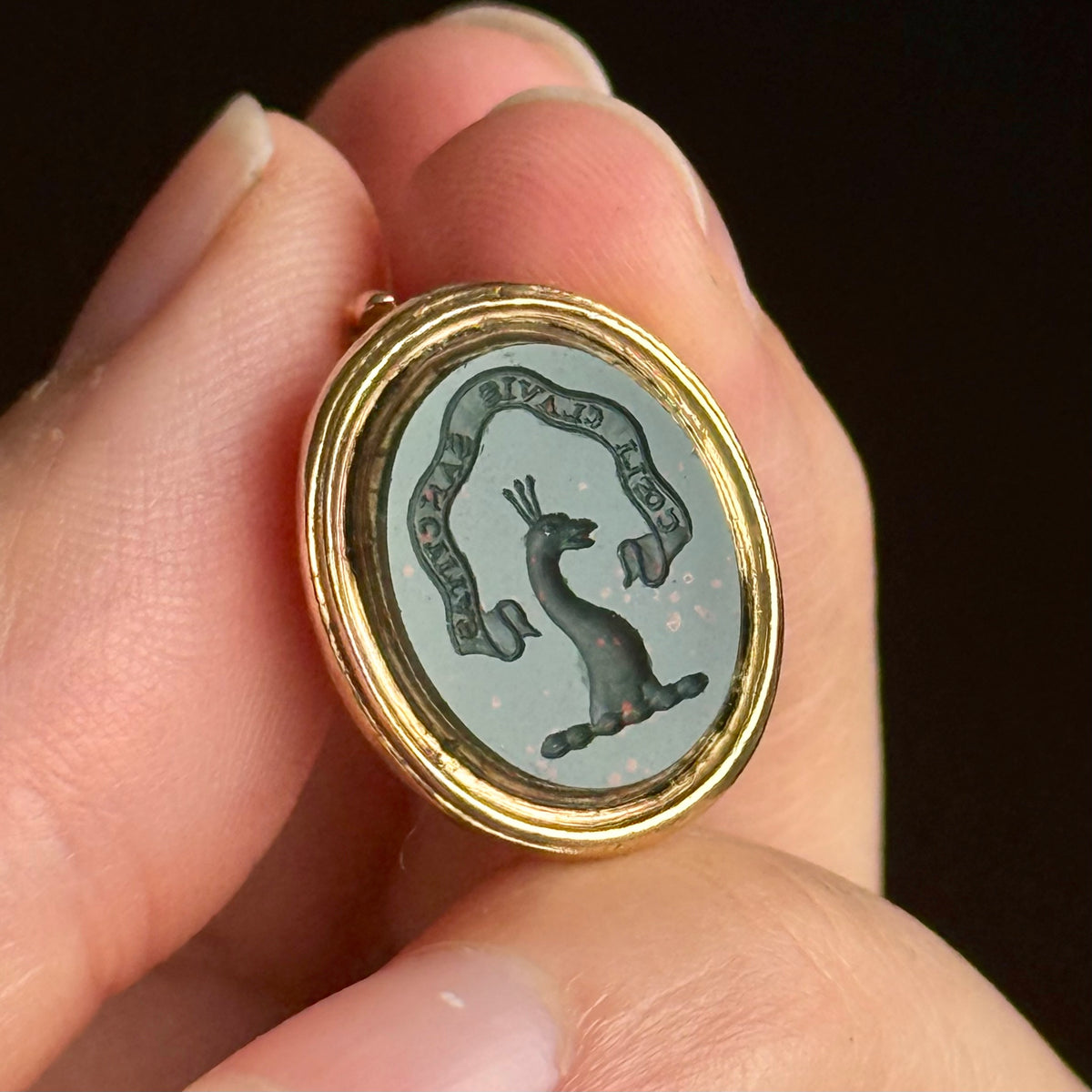 Antique Bloodstone Intaglio Fob Pendant in 9 Carat Gold; Circa 1900