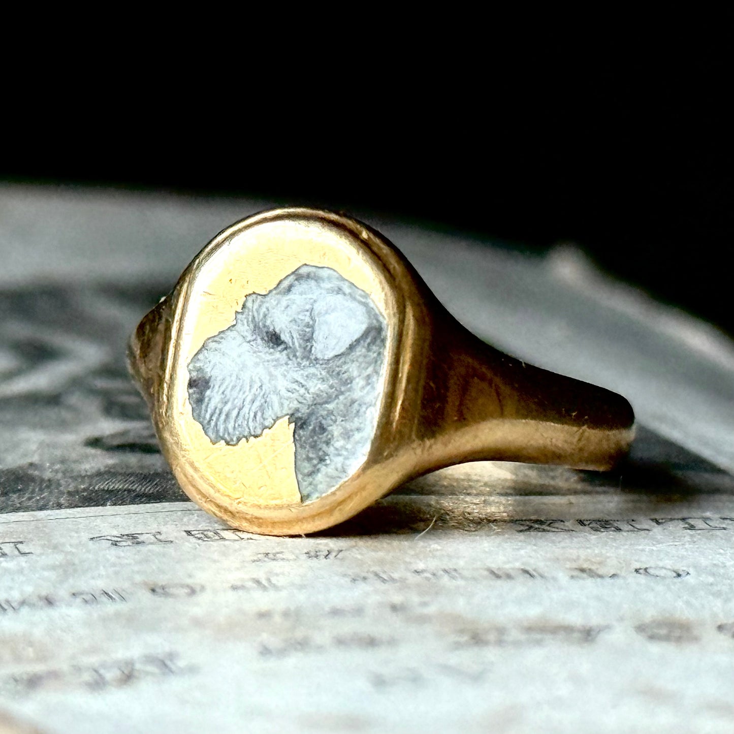 Antique Enamel 'Wycollar' Wire Fox Terrier Signet Ring in 18 Carat Gold