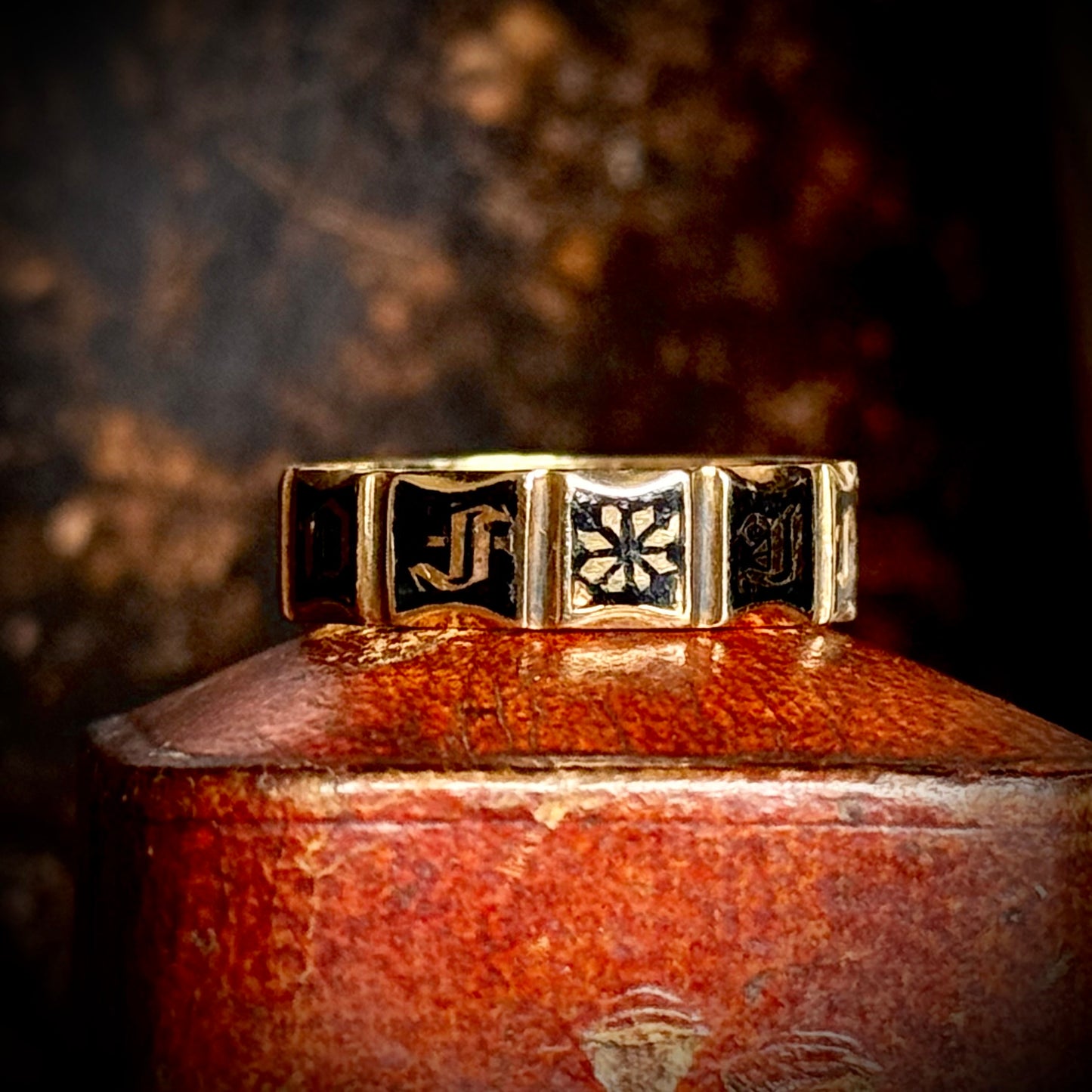 Antique Enamel Mourning Ring in 18 Carat Gold; Circa 1842