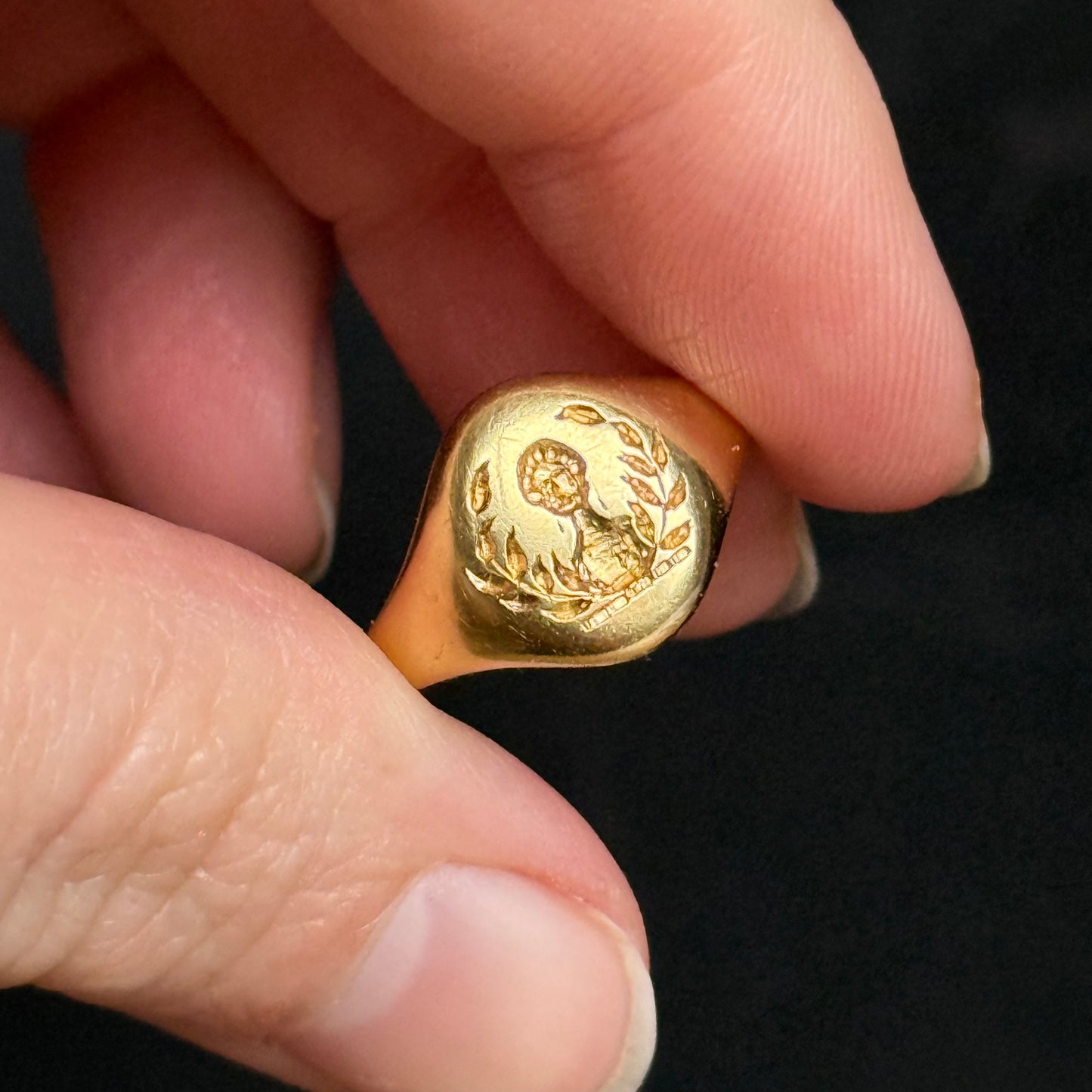 Antique Victorian Intaglio Heraldic Signet Ring in 18 Carat Gold; Circa 1890