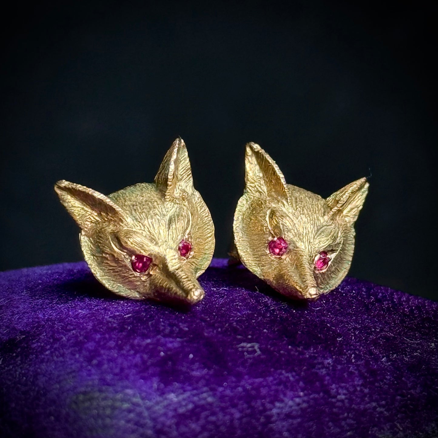 Victorian Style Ruby Fox Earrings in 9 Carat gold; Circa 1987