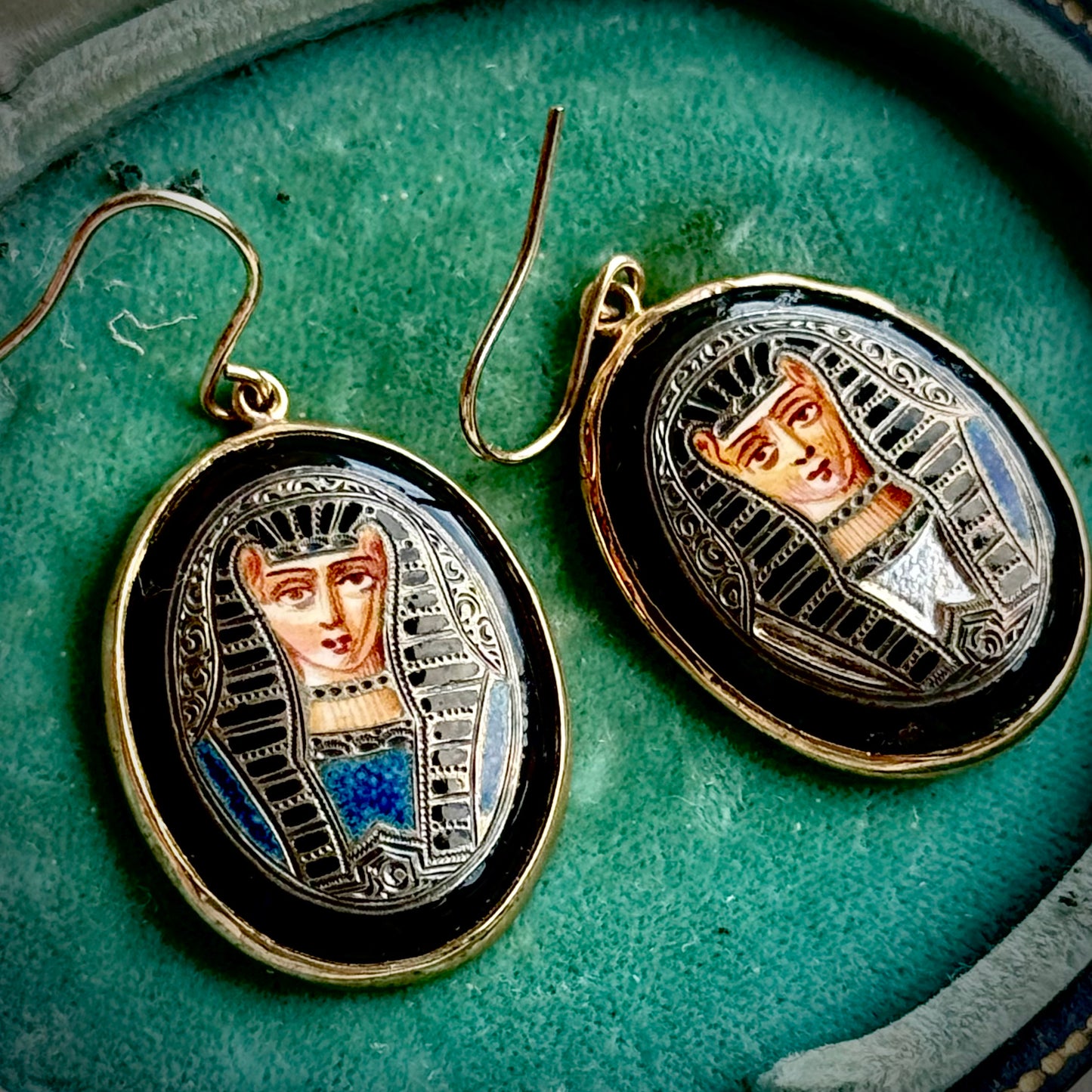 Antique Egyptian Revival Enamel Pharaoh Earrings in 14 Carat Gold
