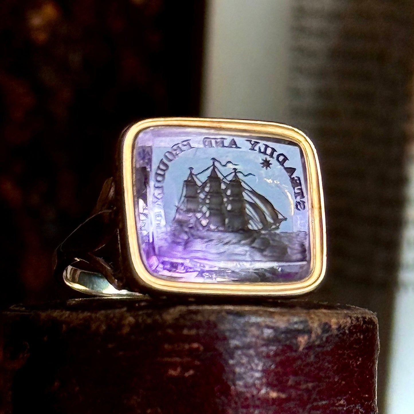 Georgian Amethyst Intaglio ‘Steadily and Proudly’ Conversion Ring,  Circa 18th Century