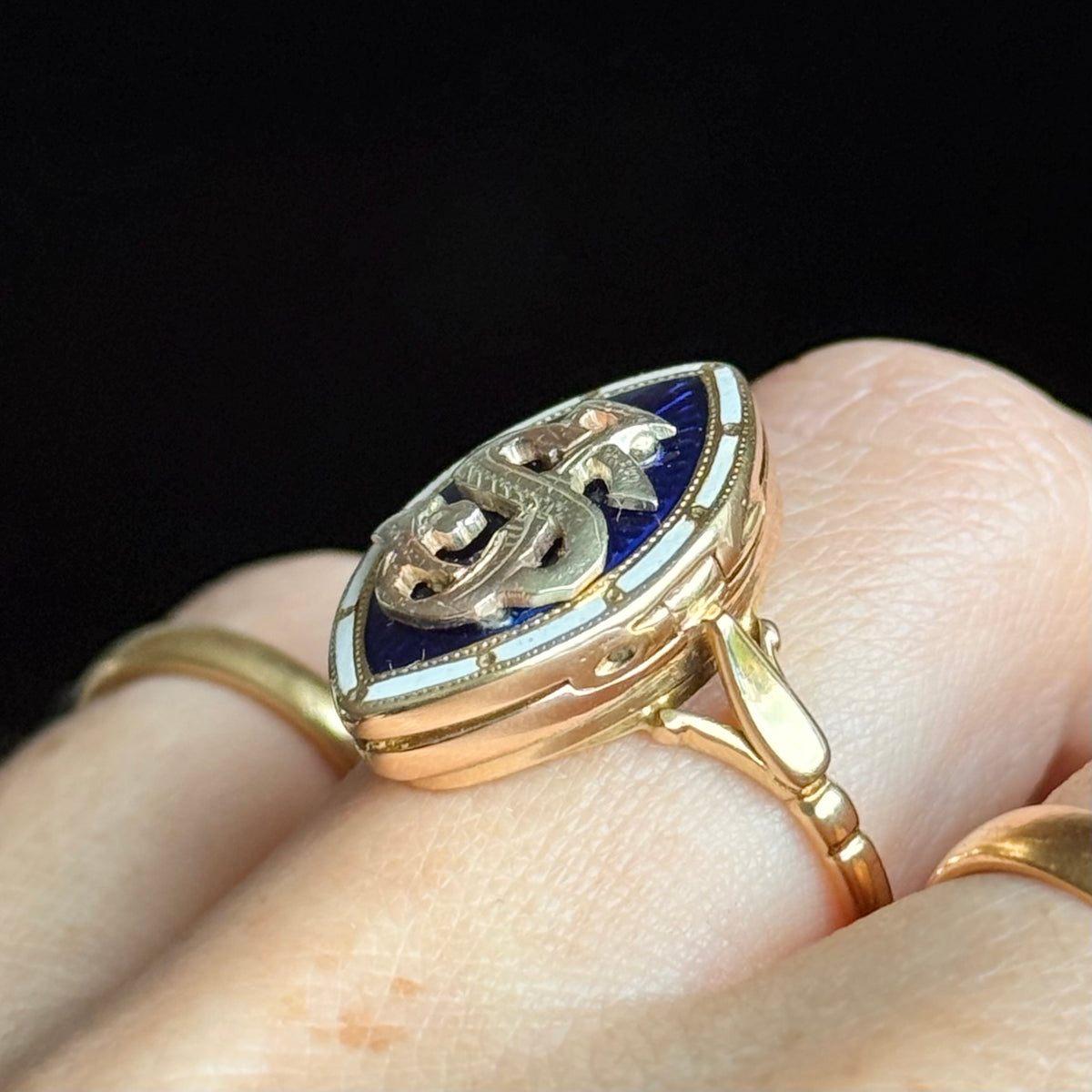 Antique Monogram Marquise Poison Ring in 18 Carat Gold; Circa 1900