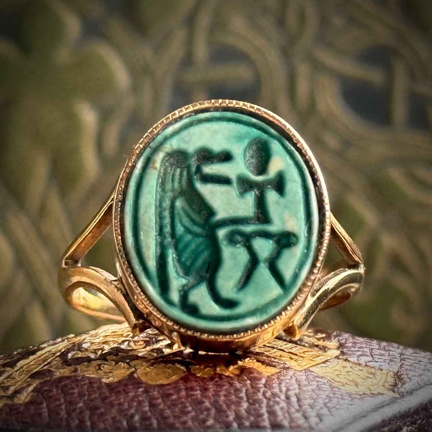 Antique Glazed Egyptian God Faience Ring in 9 Carat Gold
