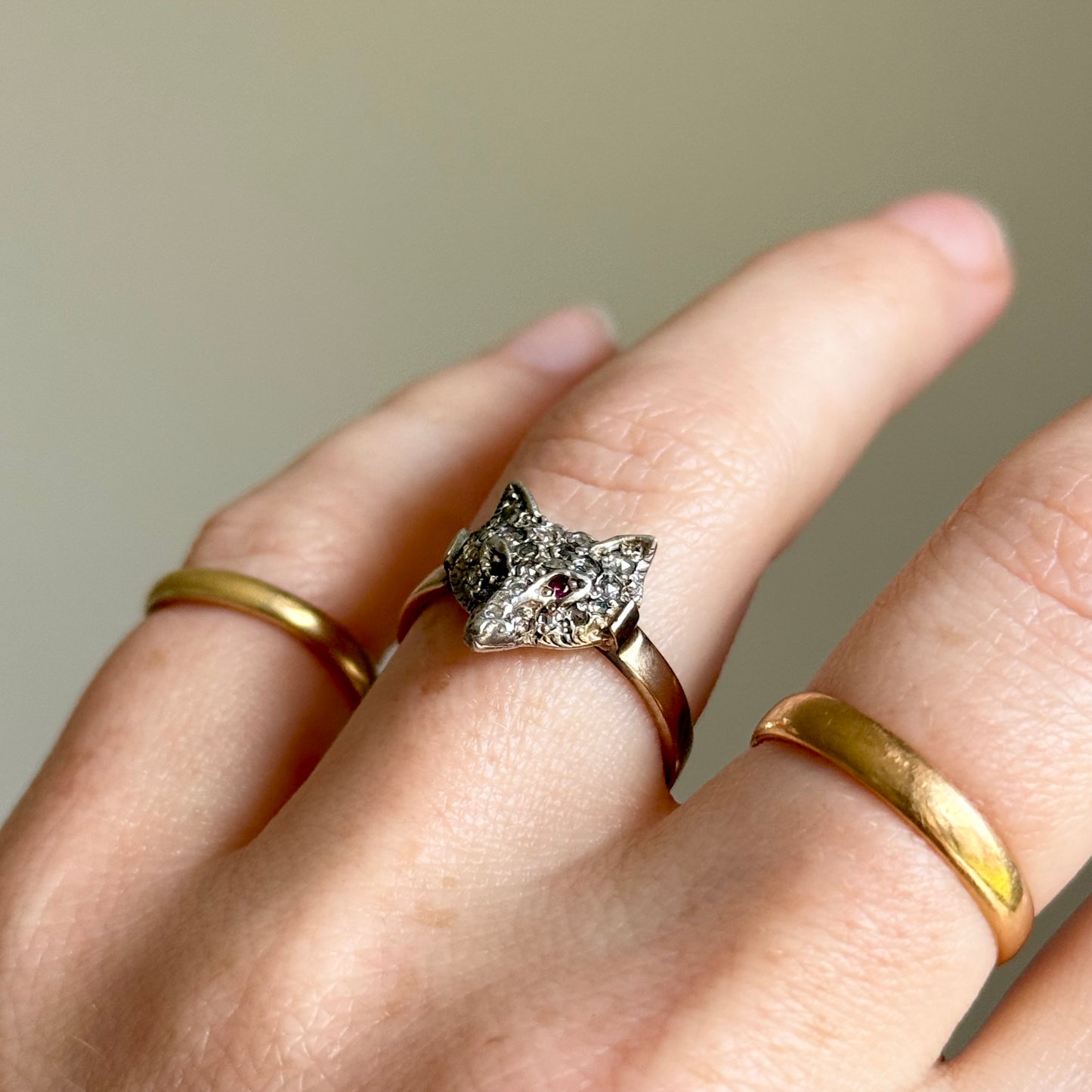 Victorian Style Rose Cut Diamond & Ruby Fox Ring in 9 Carat Gold